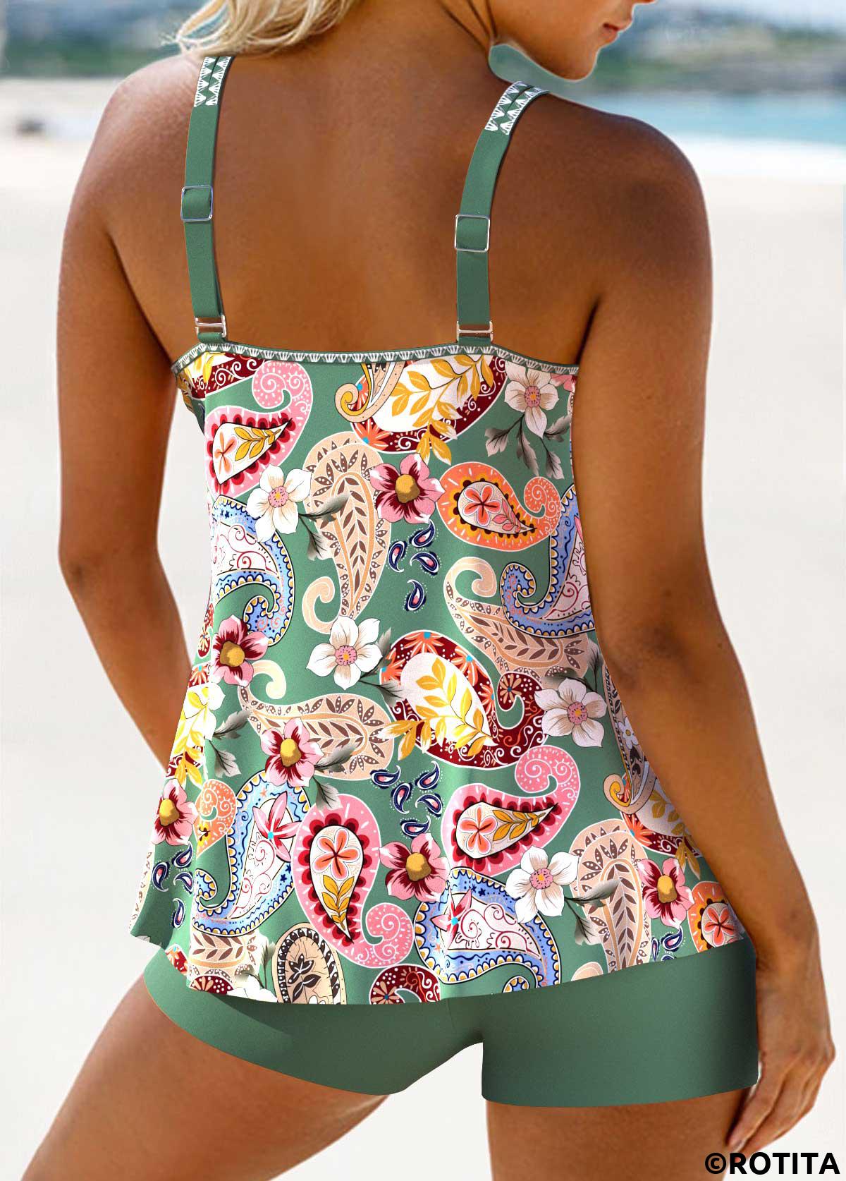 Sage Green swimwear,Paisley swimwear,Floral swimwear,Plants swimwear,ROTITA Patchwork Sage Green Paisley Print Tankini Set