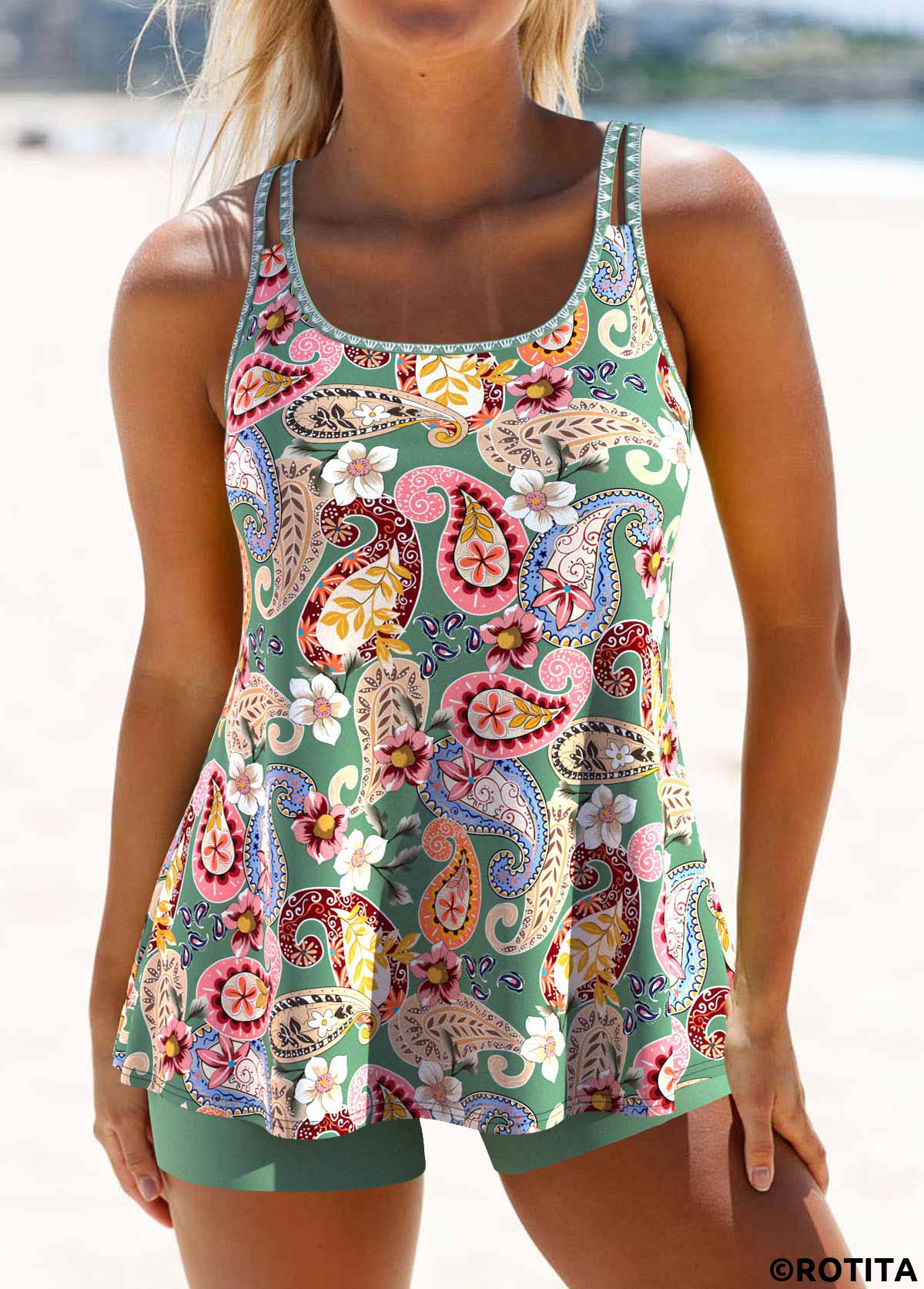 Sage Green swimwear,Paisley swimwear,Floral swimwear,Plants swimwear,ROTITA Patchwork Sage Green Paisley Print Tankini Set