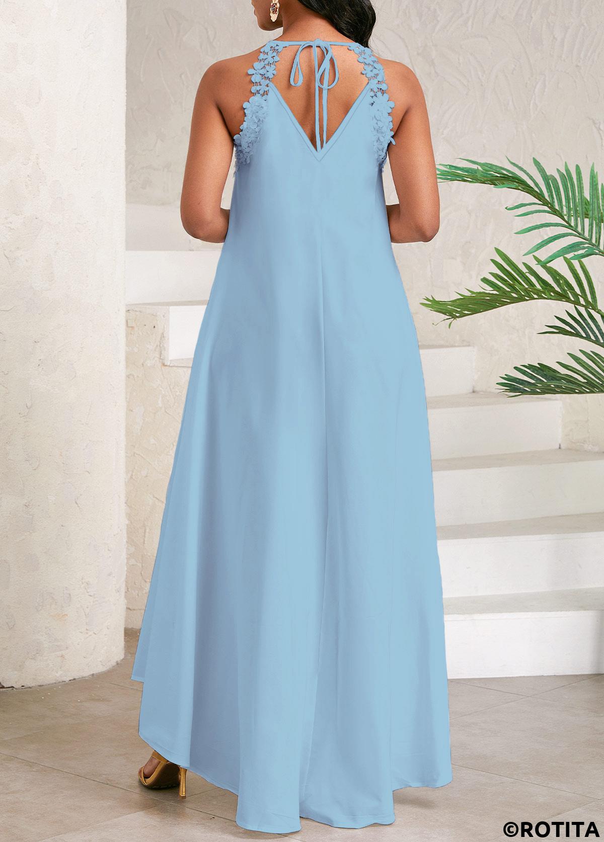 Dusty Blue dresses,Plain Color dresses,Party dresses,Elegant dresses,Lace Dusty Blue Maxi A Line Round Neck Dress