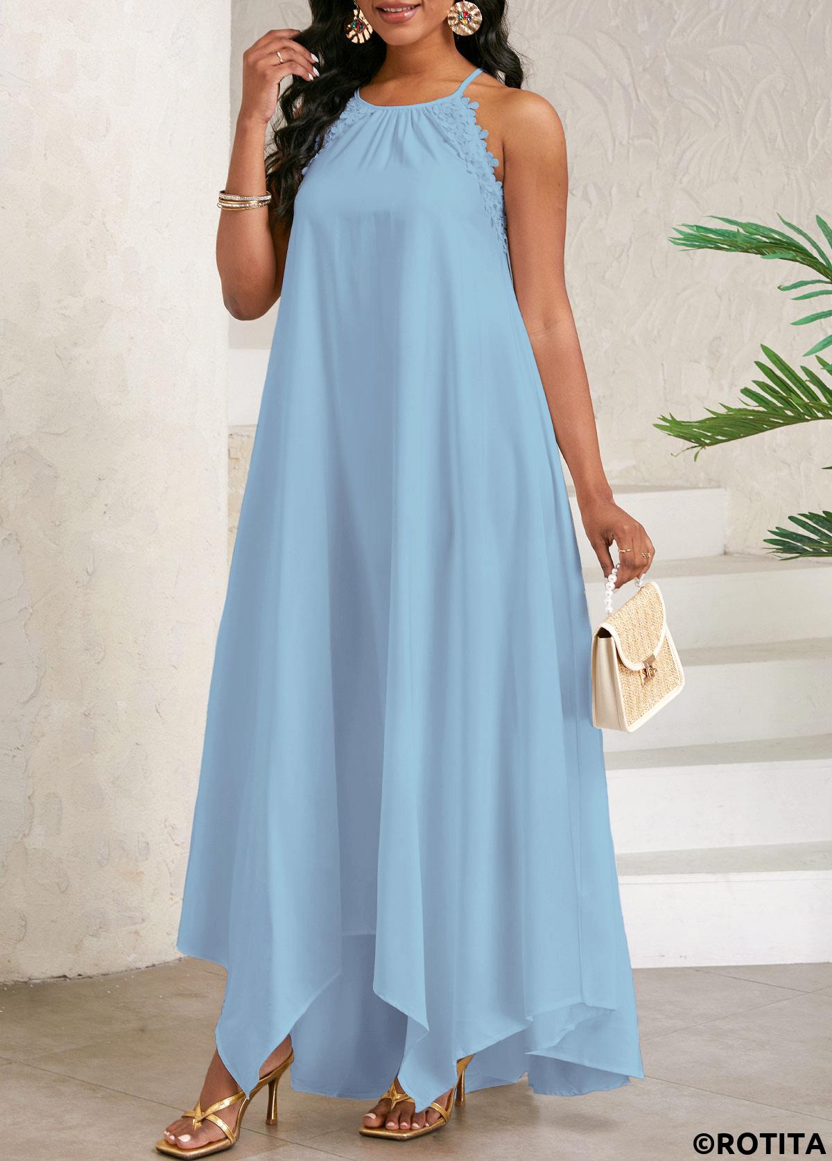 Dusty Blue dresses,Plain Color dresses,Party dresses,Elegant dresses,Lace Dusty Blue Maxi A Line Round Neck Dress