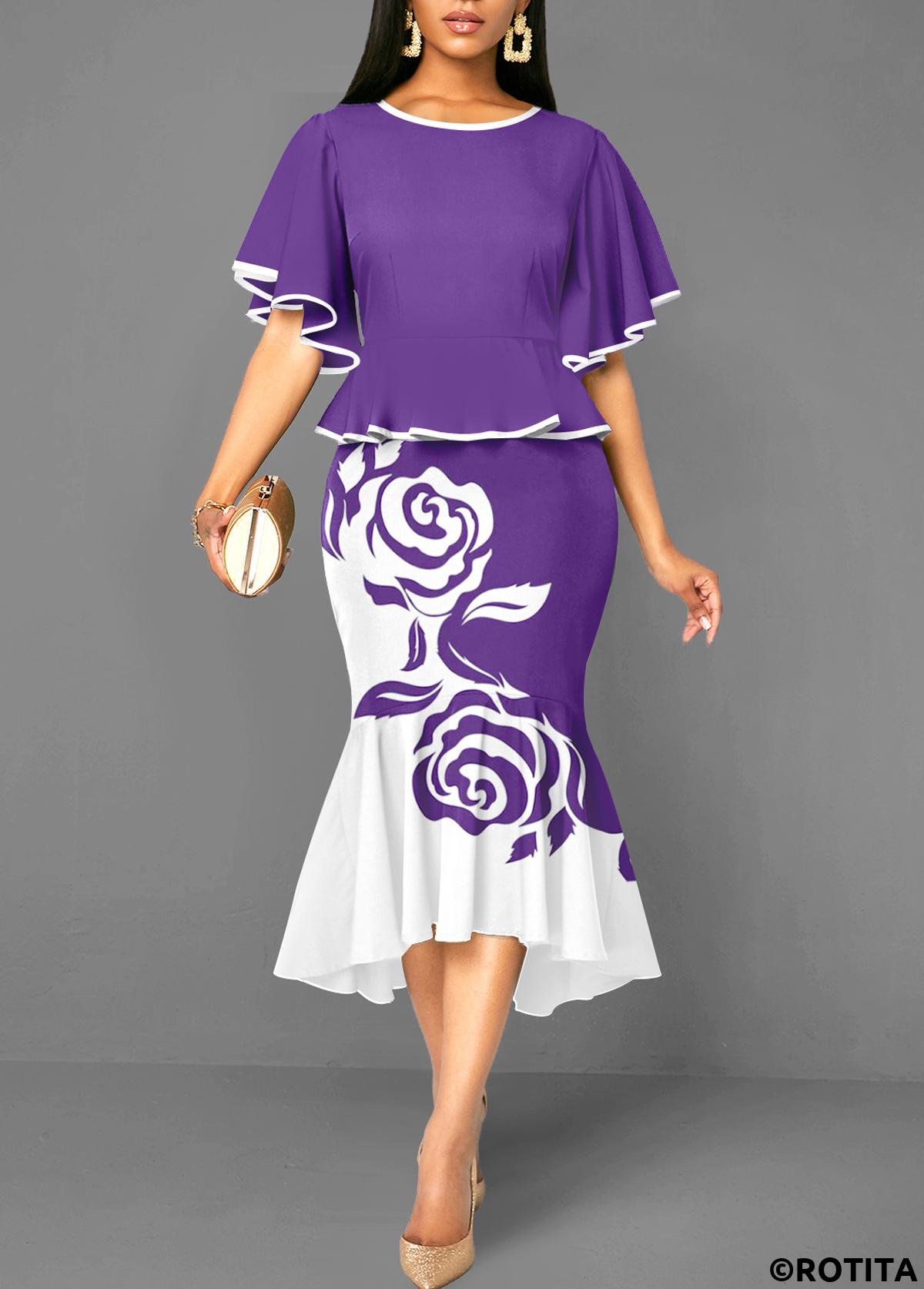Purple dresses,White dresses,Floral dresses,Plants dresses,Party dresses,Elegant dresses,Mermaid Floral Print Purple High Low Bodycon Dress