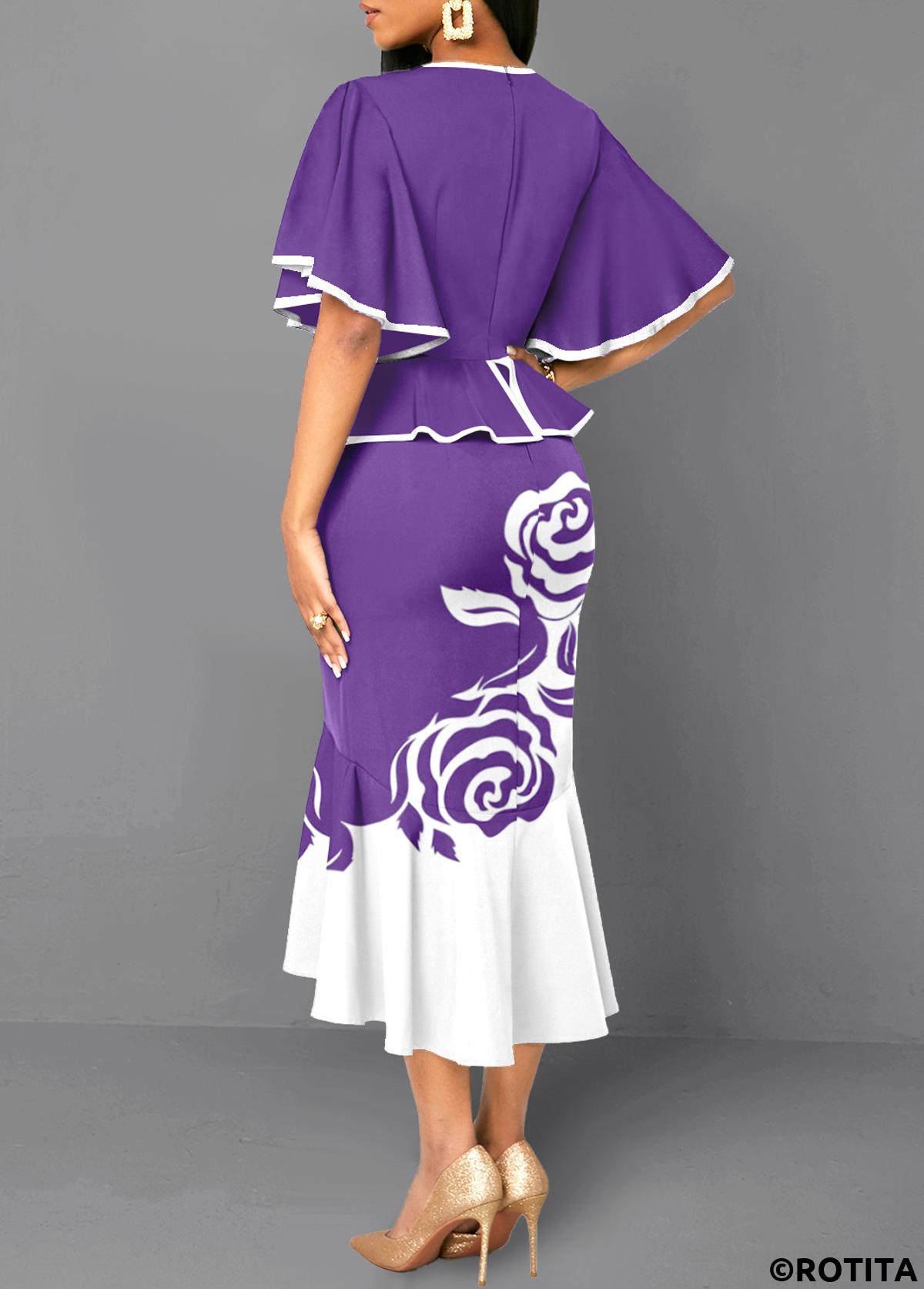 Purple dresses,White dresses,Floral dresses,Plants dresses,Party dresses,Elegant dresses,Mermaid Floral Print Purple High Low Bodycon Dress