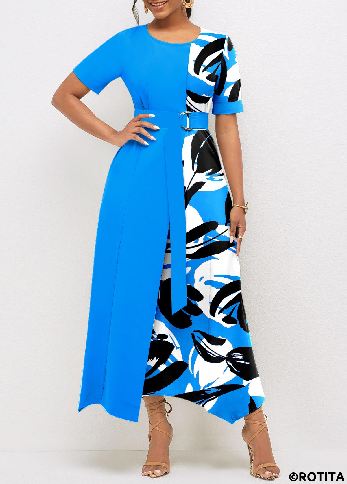 Sky Blue dresses,Light Blue dresses,Graphic dresses,Party dresses,Elegant dresses,Patchwork Graffiti Print Sky Blue Belted Round Neck Dress