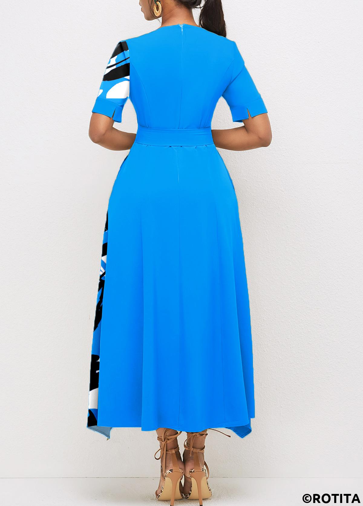 Sky Blue dresses,Light Blue dresses,Graphic dresses,Party dresses,Elegant dresses,Patchwork Graffiti Print Sky Blue Belted Round Neck Dress