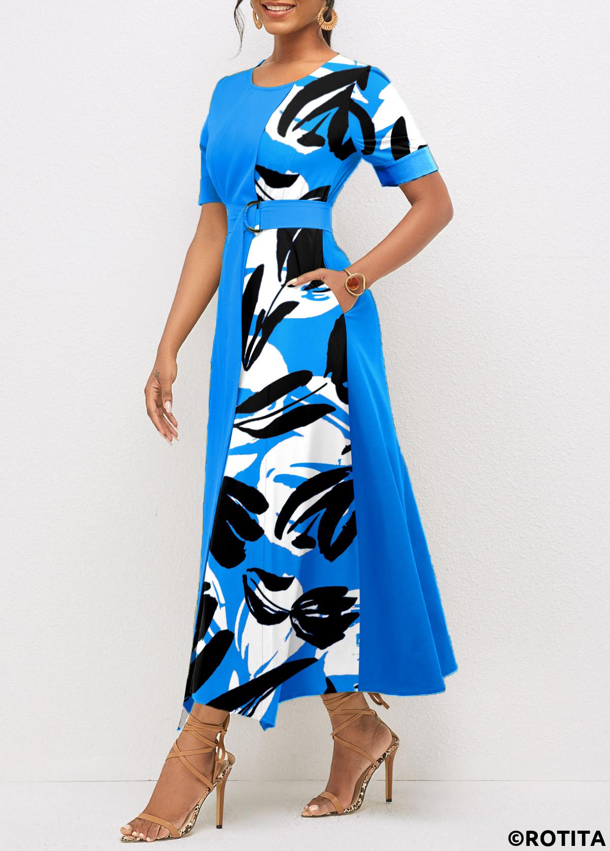 Sky Blue dresses,Light Blue dresses,Graphic dresses,Party dresses,Elegant dresses,Patchwork Graffiti Print Sky Blue Belted Round Neck Dress