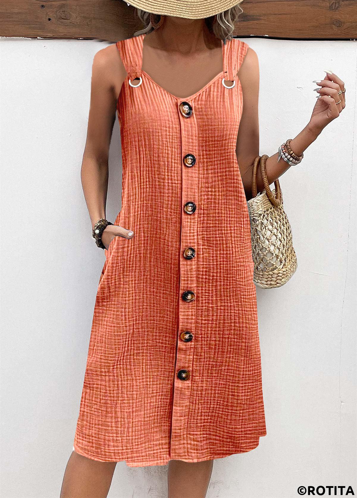 Orange plus size,Plain Color plus size,ROTITA Plus Size Breathable Orange A Line V Neck Dress