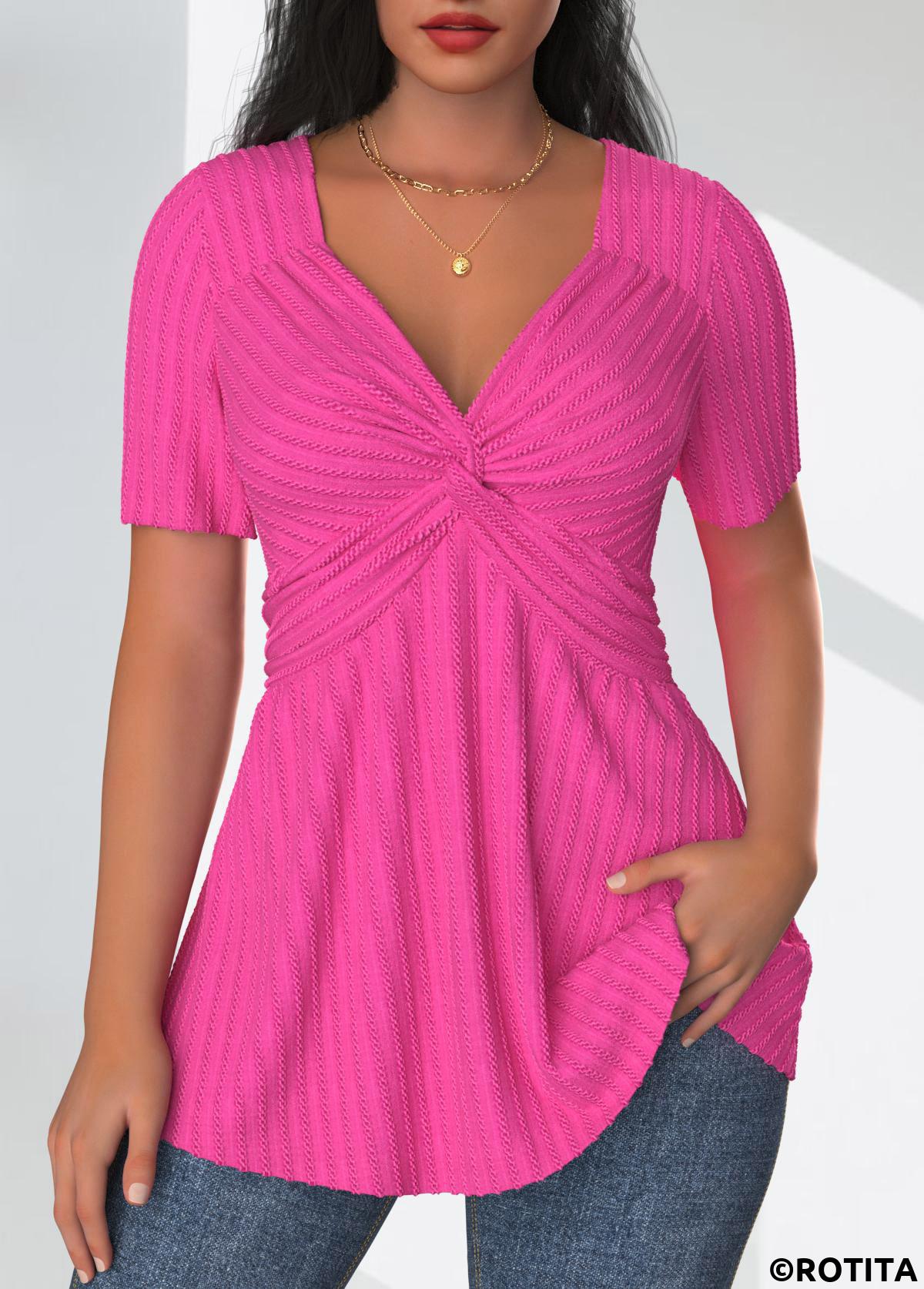 ROTITA Textured Fabric Hot Pink V Neck T Shirt