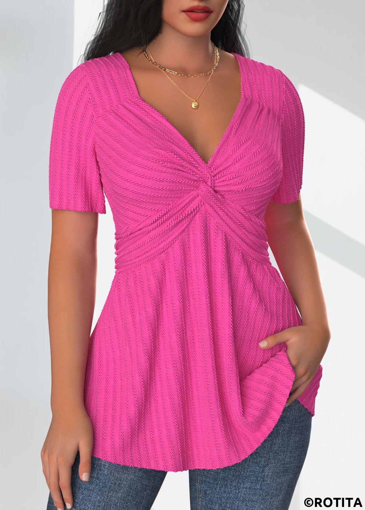 ROTITA Textured Fabric Hot Pink V Neck T Shirt