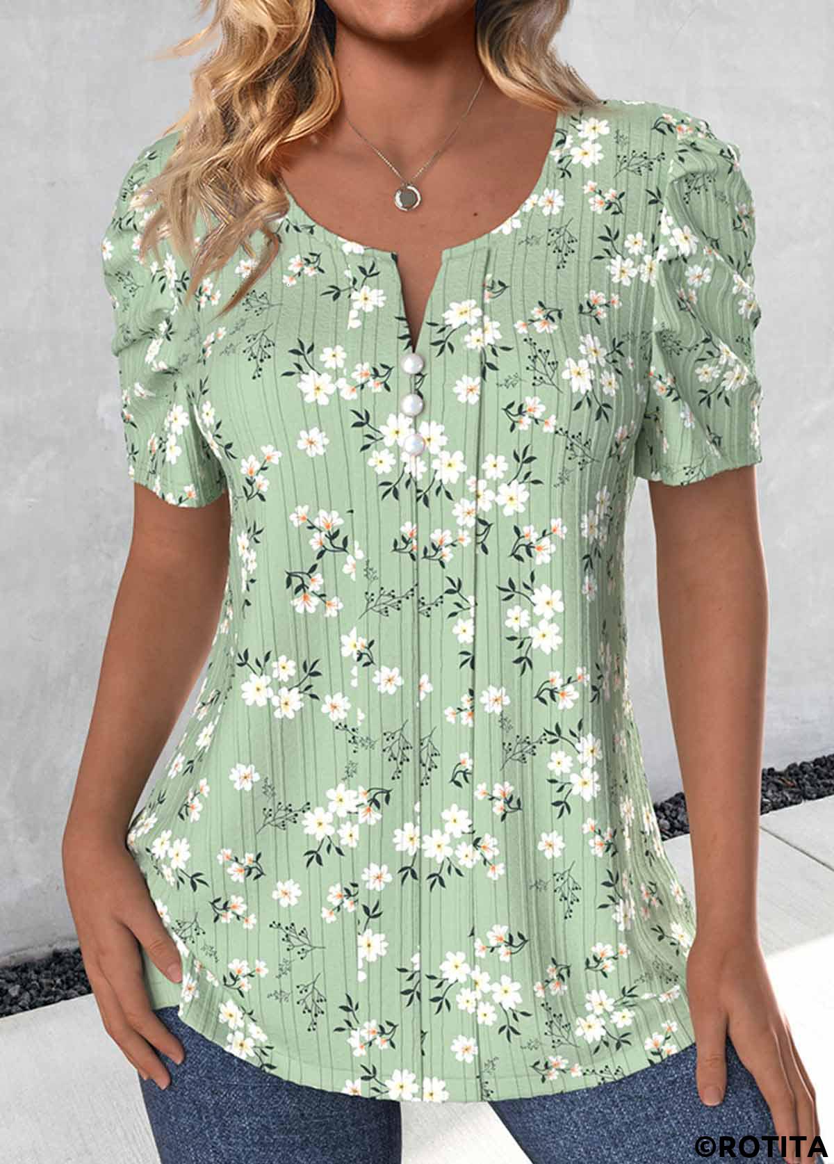 ROTITA Button Ditsy Floral Print Light Green T Shirt