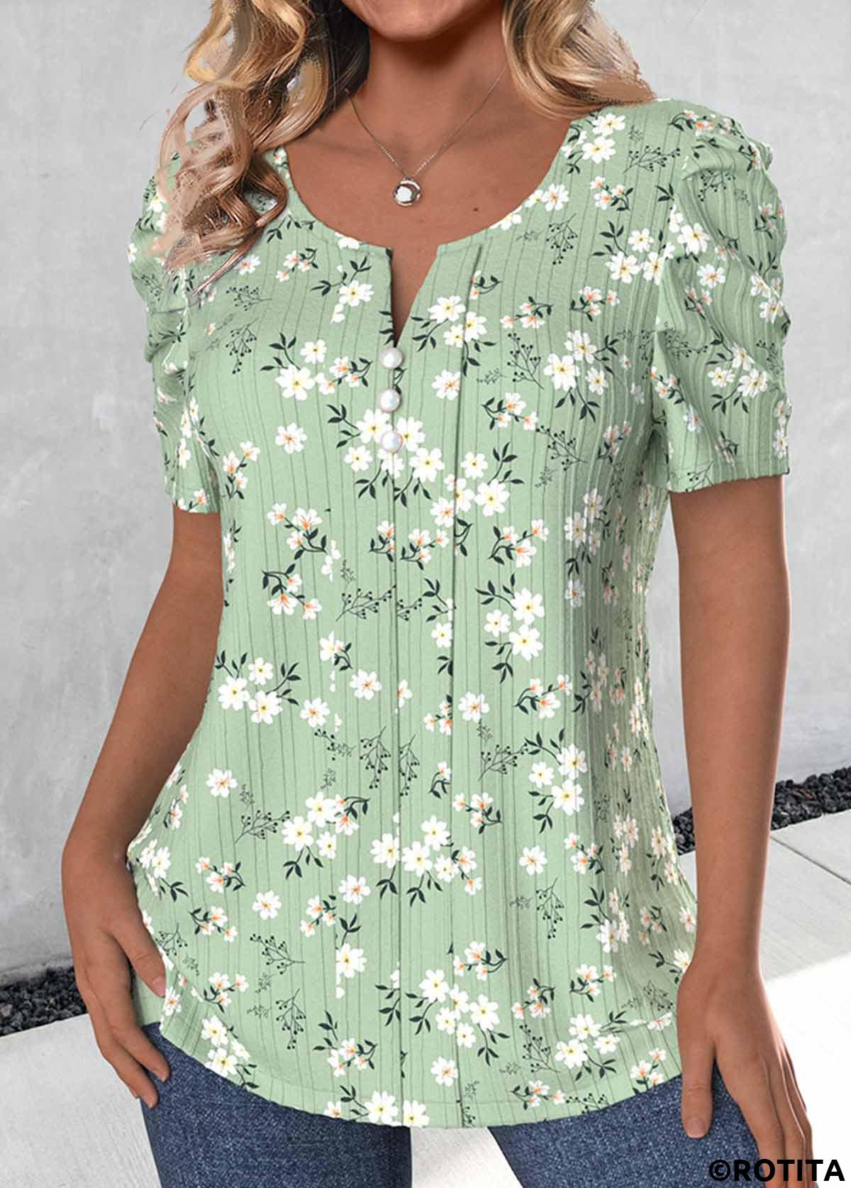 ROTITA Button Ditsy Floral Print Light Green T Shirt