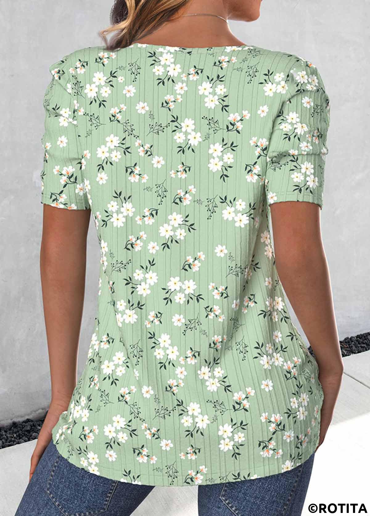 ROTITA Button Ditsy Floral Print Light Green T Shirt