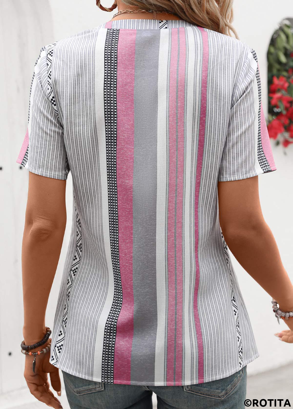 ROTITA Patchwork Striped Pink Split Neck Short Sleeve Blouse