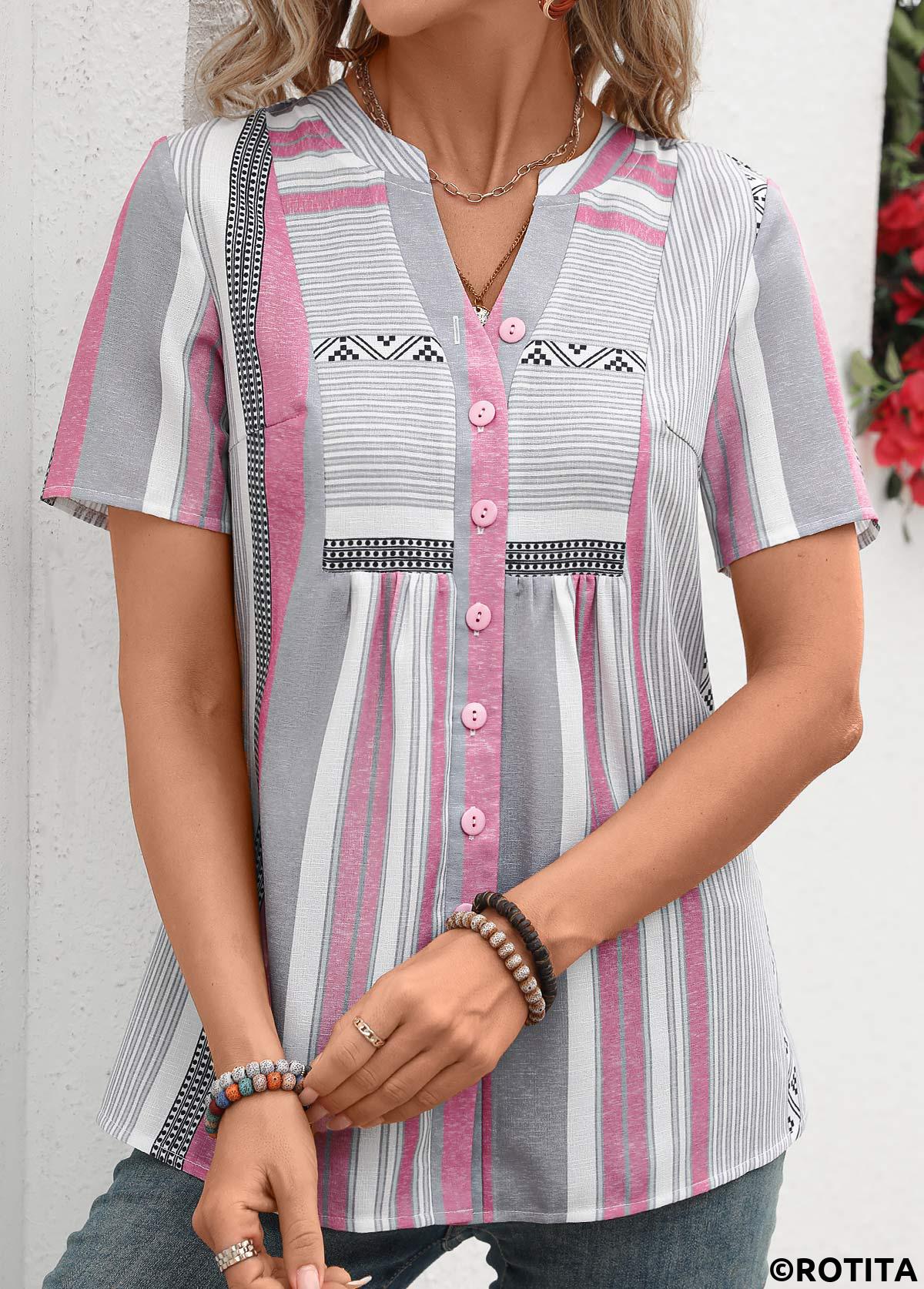 ROTITA Patchwork Striped Pink Split Neck Short Sleeve Blouse