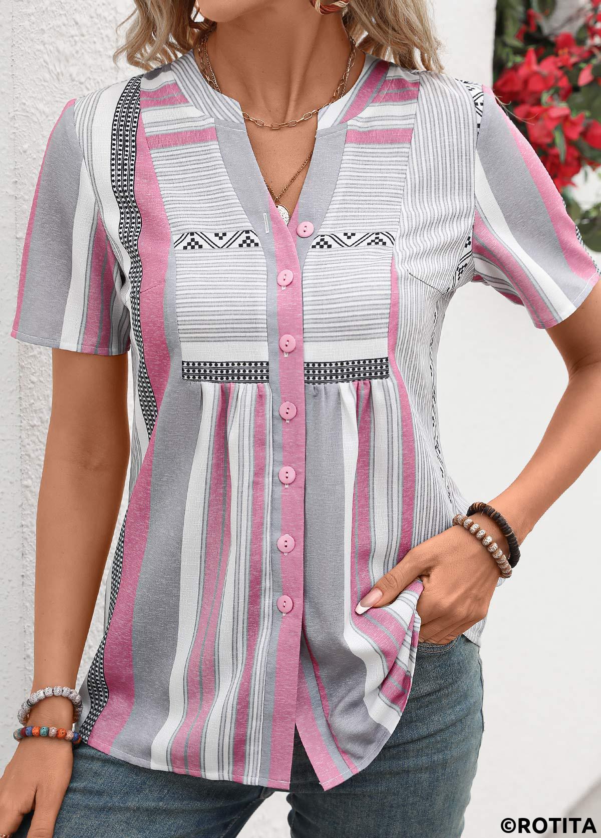 ROTITA Patchwork Striped Pink Split Neck Short Sleeve Blouse