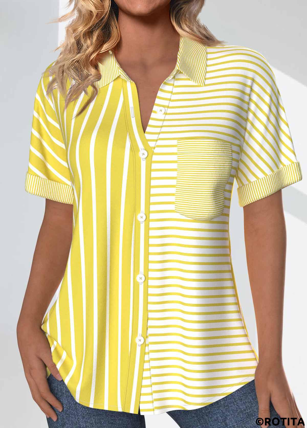 Light Yellow tops,Striped tops,Geometric tops,ROTITA Pocket Striped Light Yellow Short Sleeve Shirt