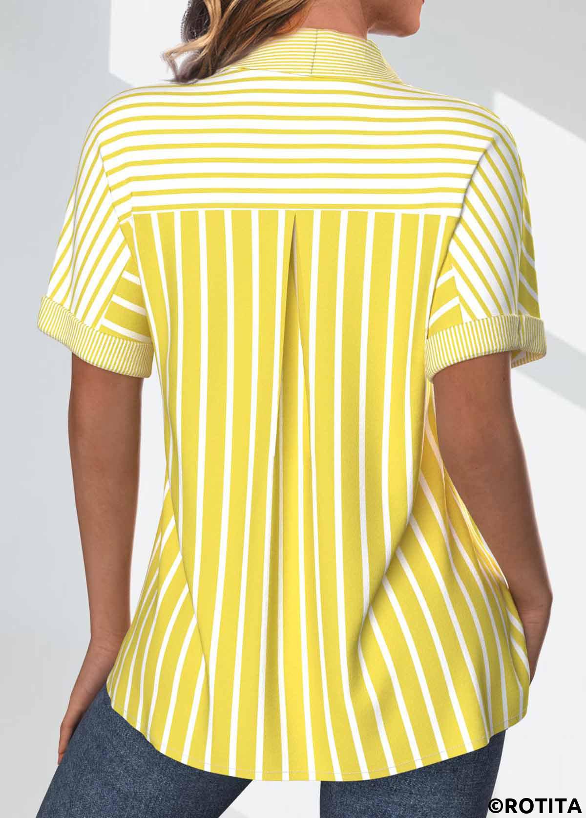 Light Yellow tops,Striped tops,Geometric tops,ROTITA Pocket Striped Light Yellow Short Sleeve Shirt