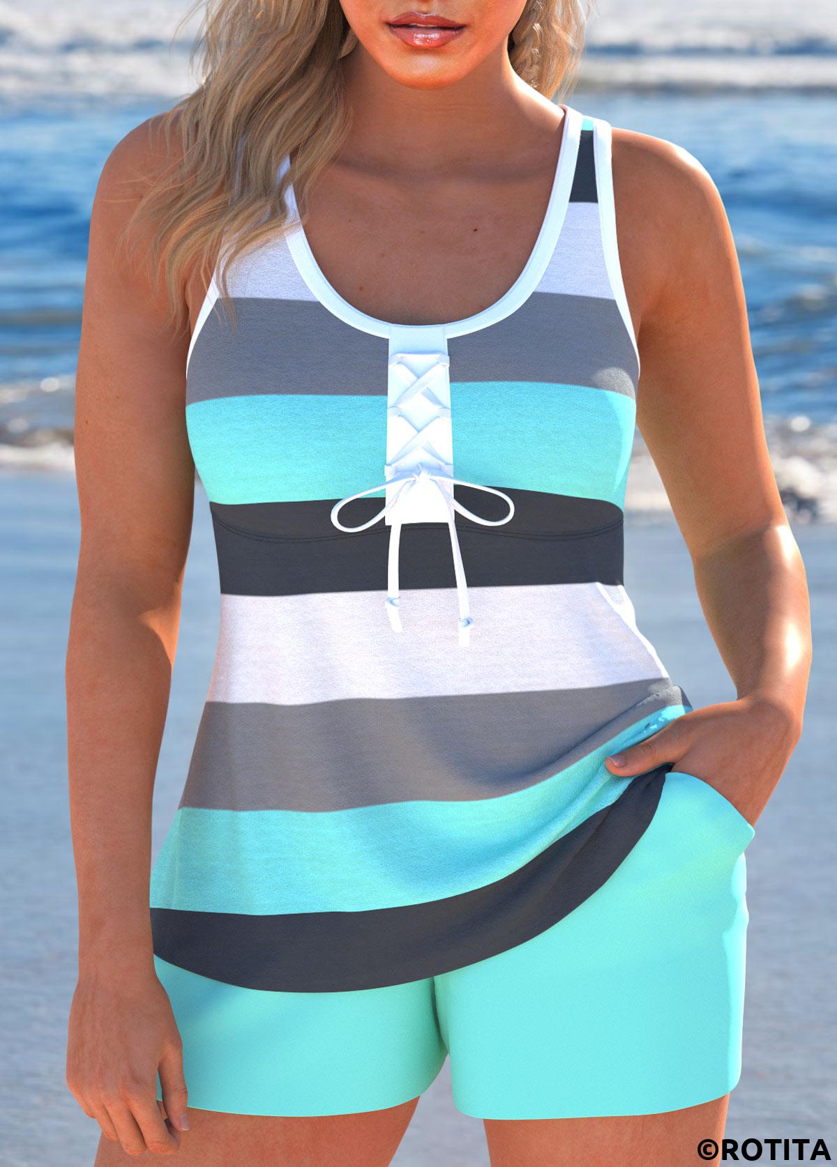 Cyan swimwear,Multi Color swimwear,Striped swimwear,Geometric swimwear,ROTITA Bowknot Cyan Patchwork Striped Tankini Set