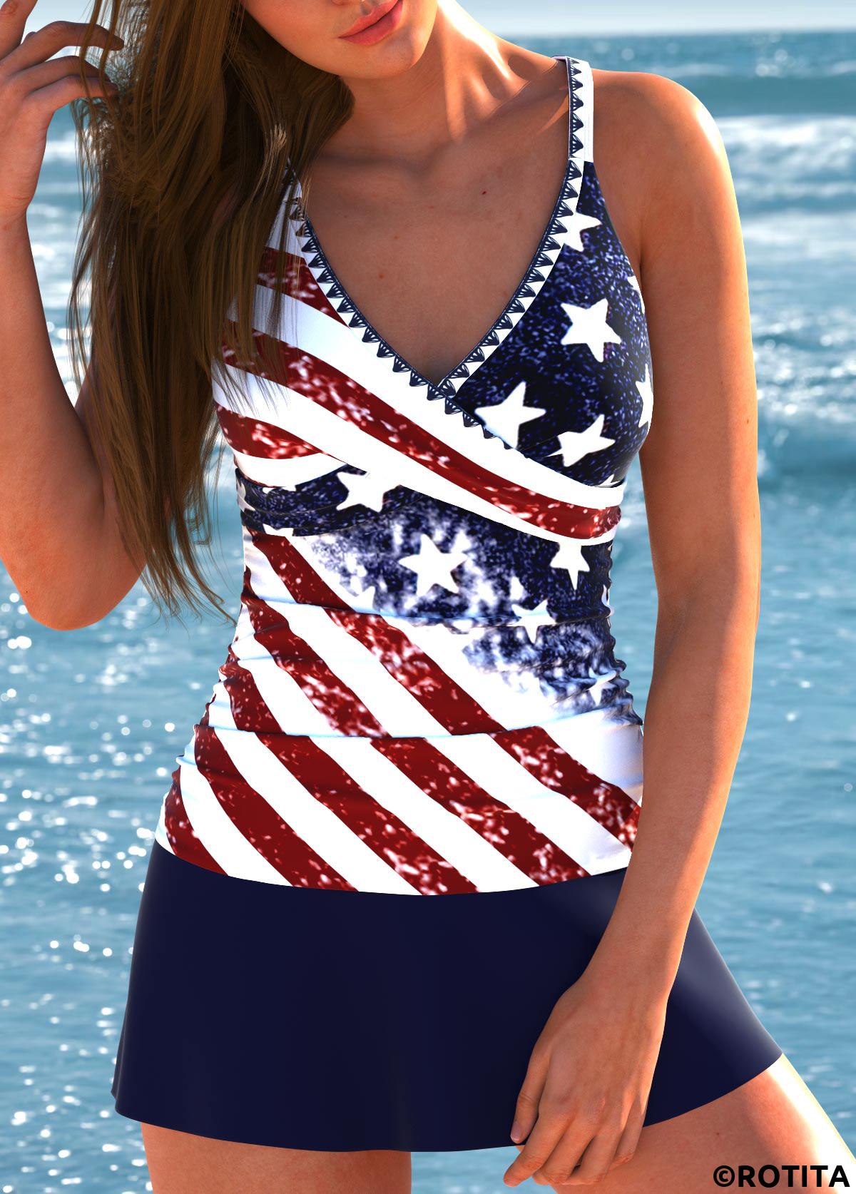 Navy swimwear,Flag swimwear,ROTITA Surplice Navy Flag Print Tankini Set