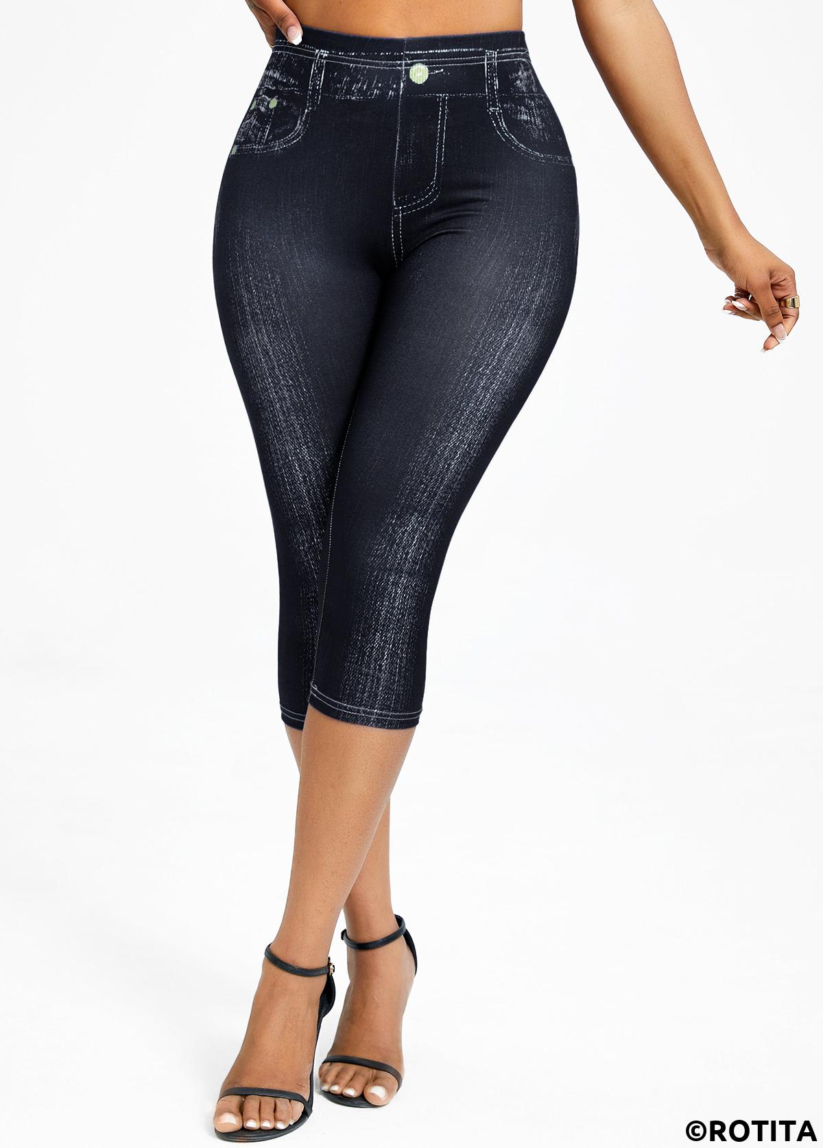 Black bottoms,Denim-Effect Print bottoms,Denim-effect Print Black High Waisted Elastic Waist Capri Leggings