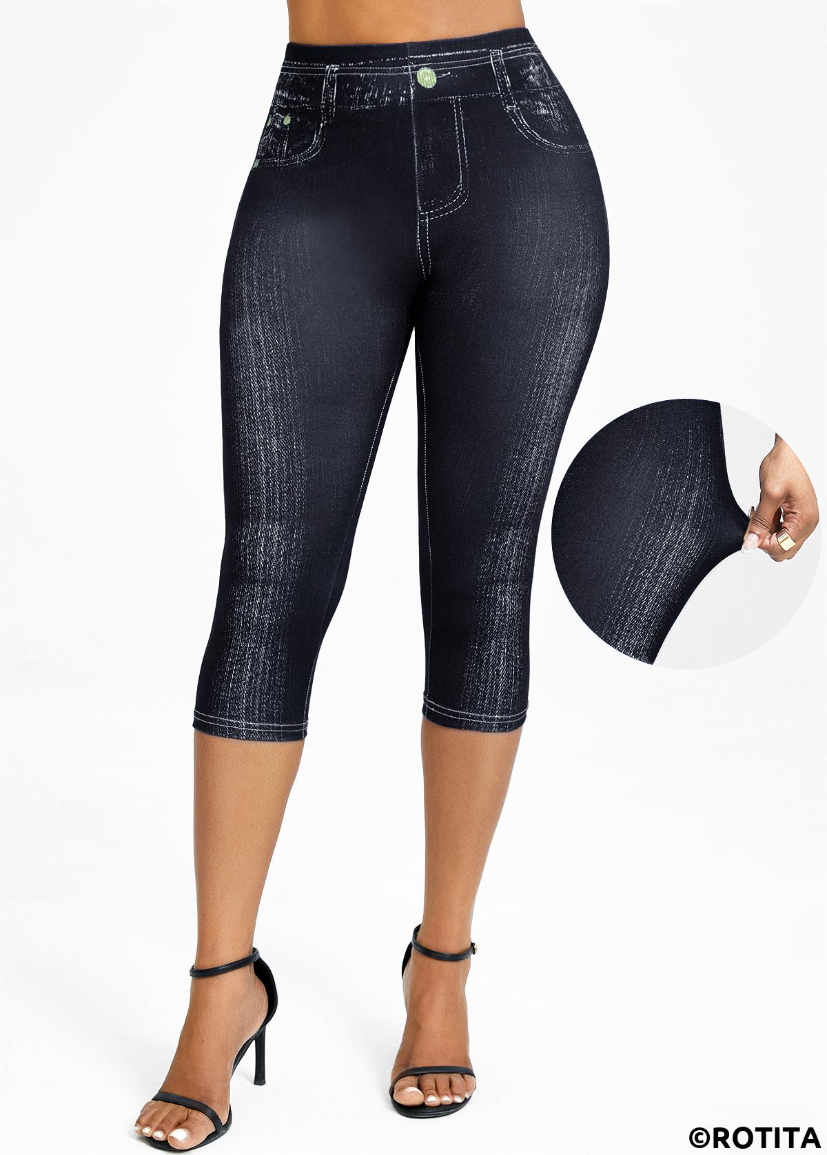 Black bottoms,Denim-Effect Print bottoms,Denim-effect Print Black High Waisted Elastic Waist Capri Leggings
