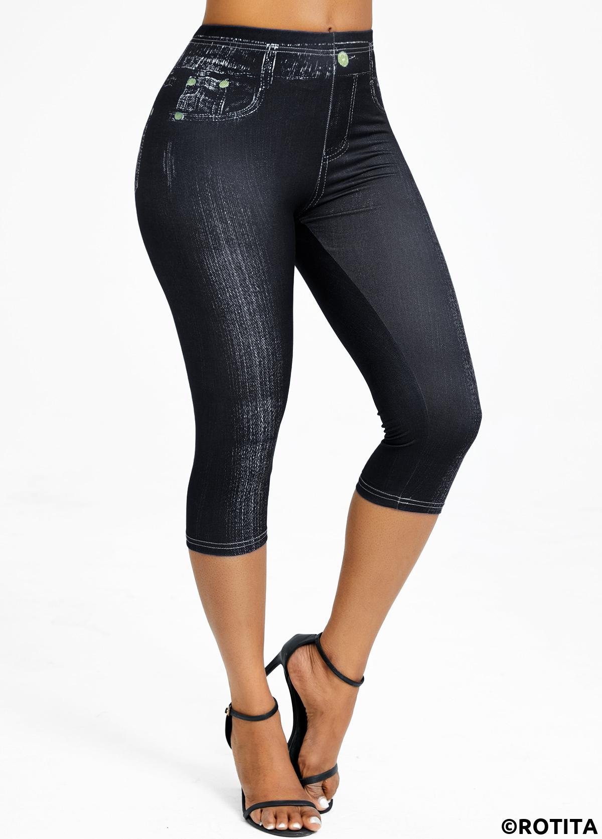 Black bottoms,Denim-Effect Print bottoms,Denim-effect Print Black High Waisted Elastic Waist Capri Leggings
