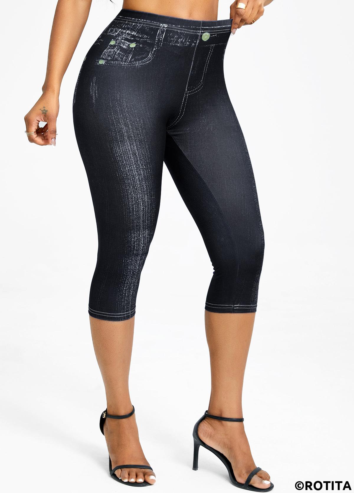 Black bottoms,Denim-Effect Print bottoms,Denim-effect Print Black High Waisted Elastic Waist Capri Leggings