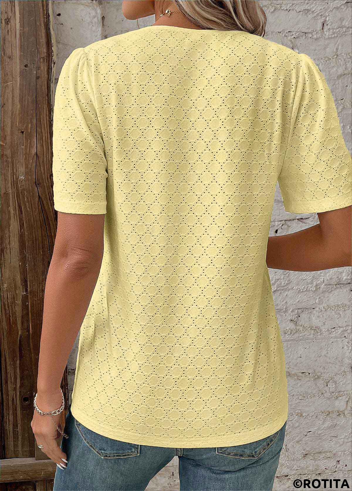 Light Yellow tops,Plain Color tops,ROTITA Patchwork Light Yellow V Neck Short Sleeve T Shirt