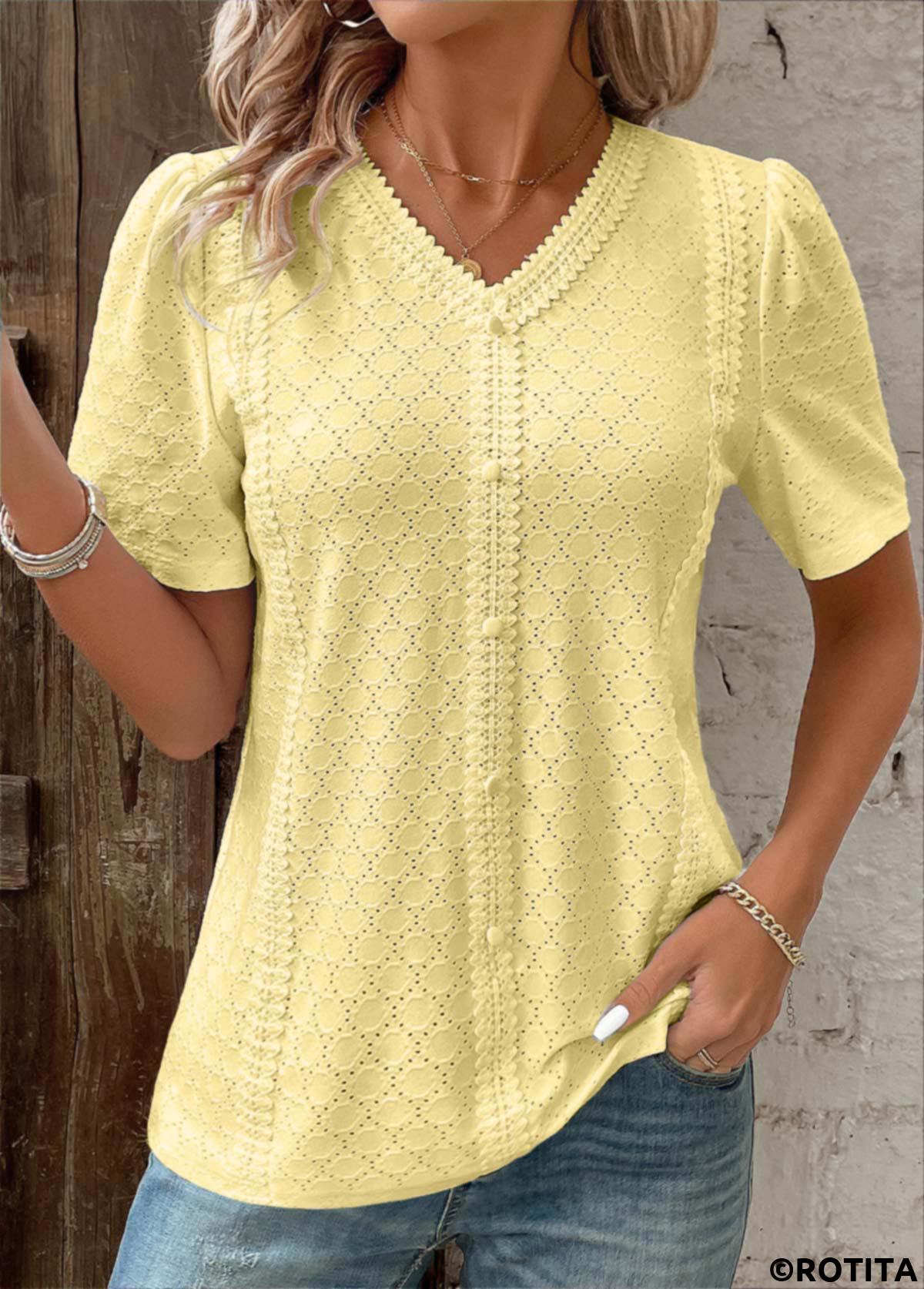 Light Yellow tops,Plain Color tops,ROTITA Patchwork Light Yellow V Neck Short Sleeve T Shirt