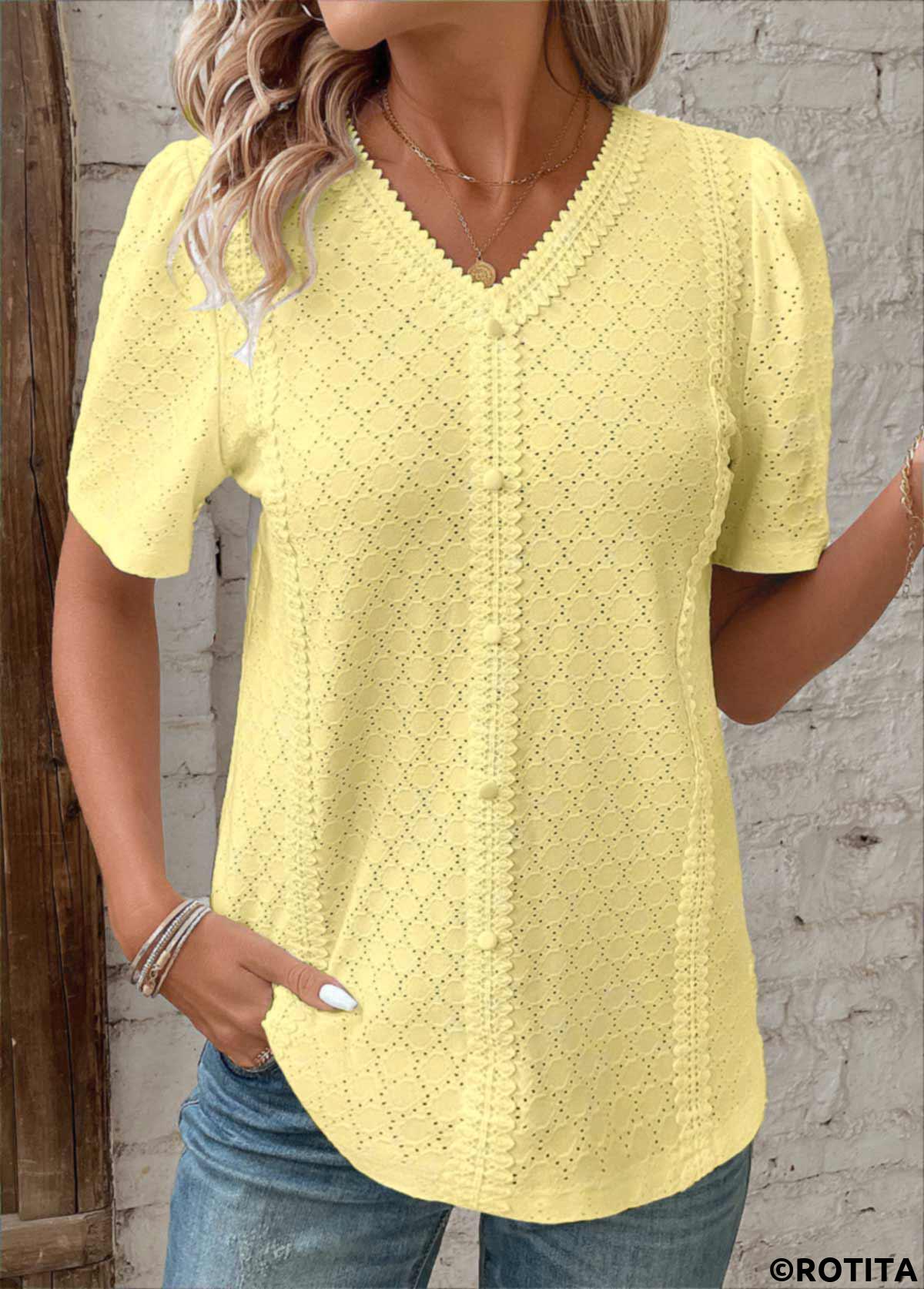 Light Yellow tops,Plain Color tops,ROTITA Patchwork Light Yellow V Neck Short Sleeve T Shirt