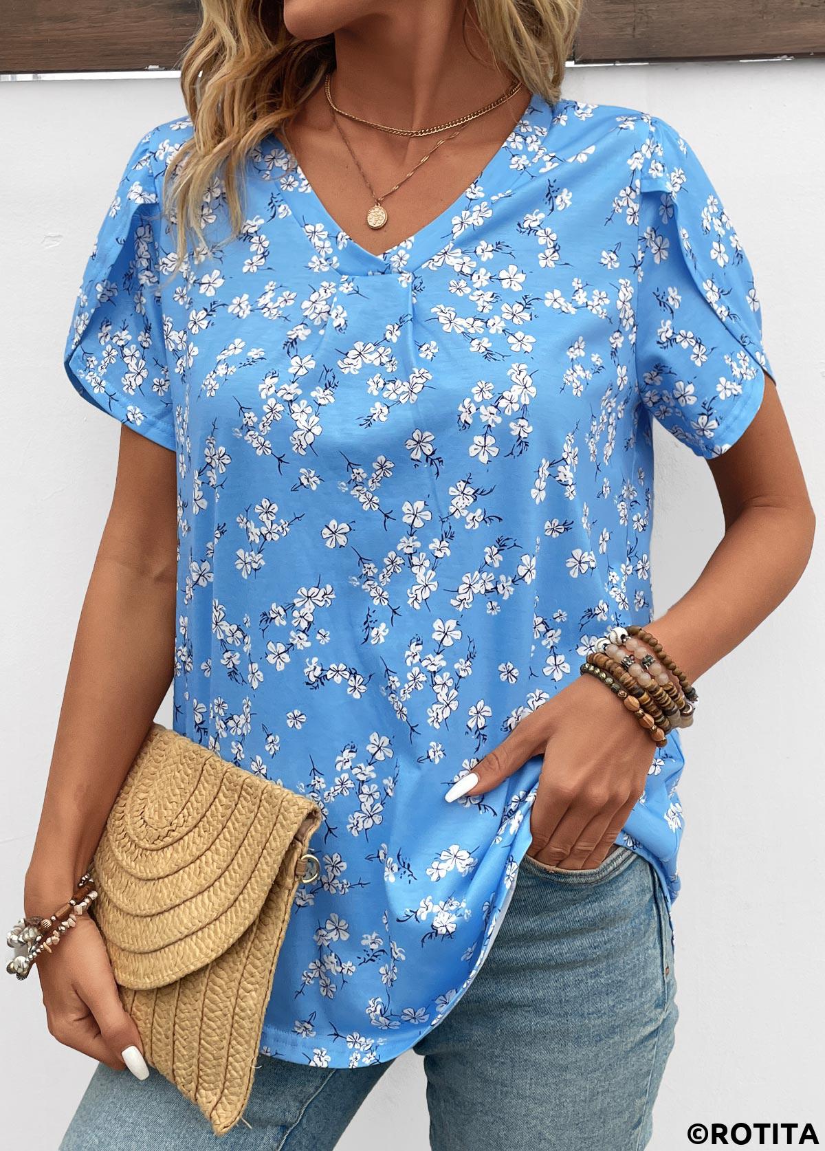 Lightweight Ditsy Floral Print Sky Blue T Shirt