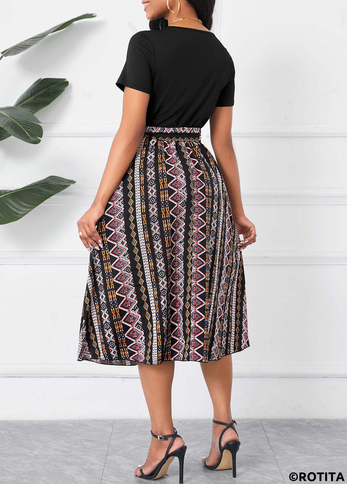 Black dresses,Tribal dresses,Striped dresses,Geometric dresses,Party dresses,Elegant dresses,Patchwork Tribal Print Black Belted Round Neck Dress