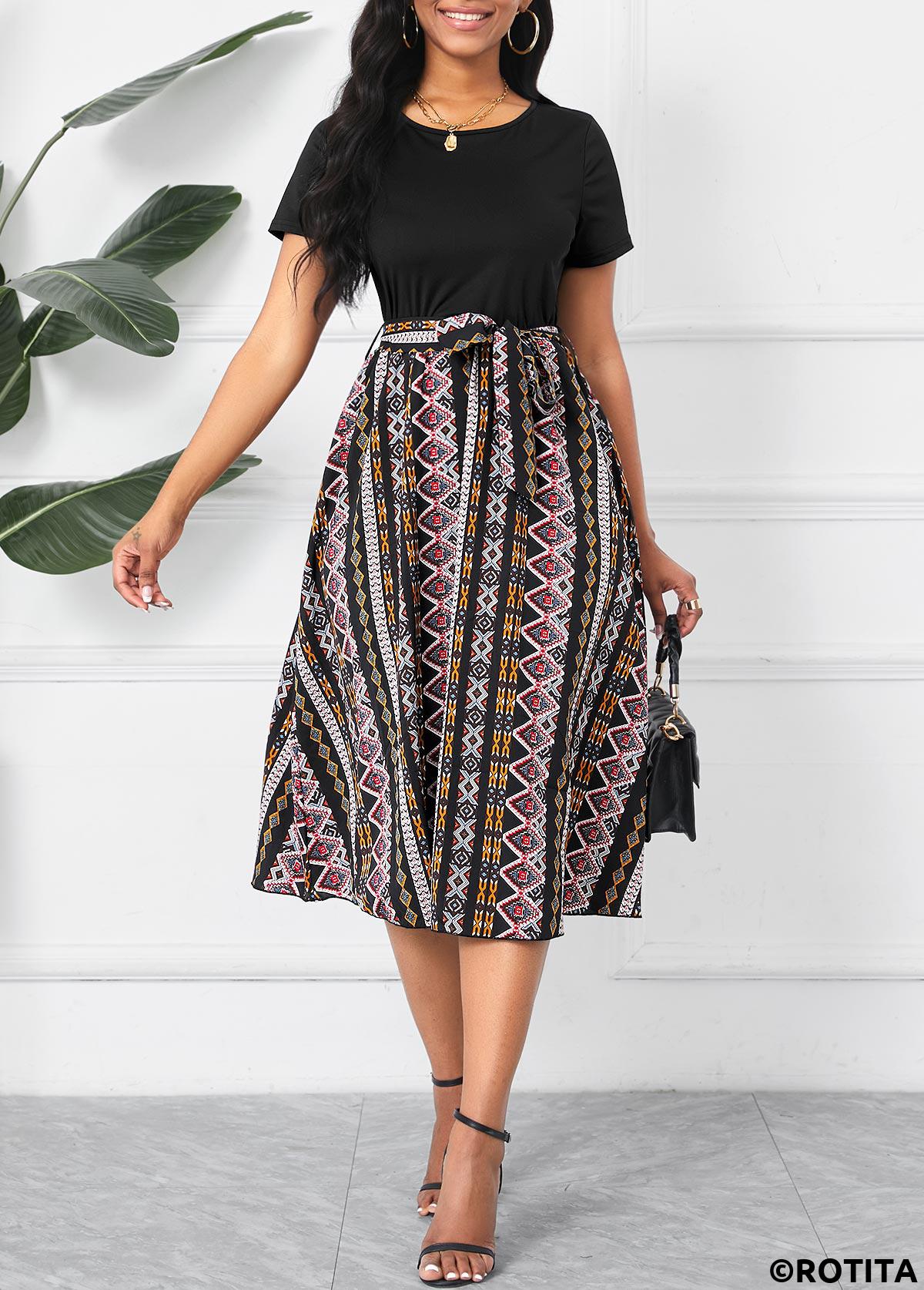 Black dresses,Tribal dresses,Striped dresses,Geometric dresses,Party dresses,Elegant dresses,Patchwork Tribal Print Black Belted Round Neck Dress
