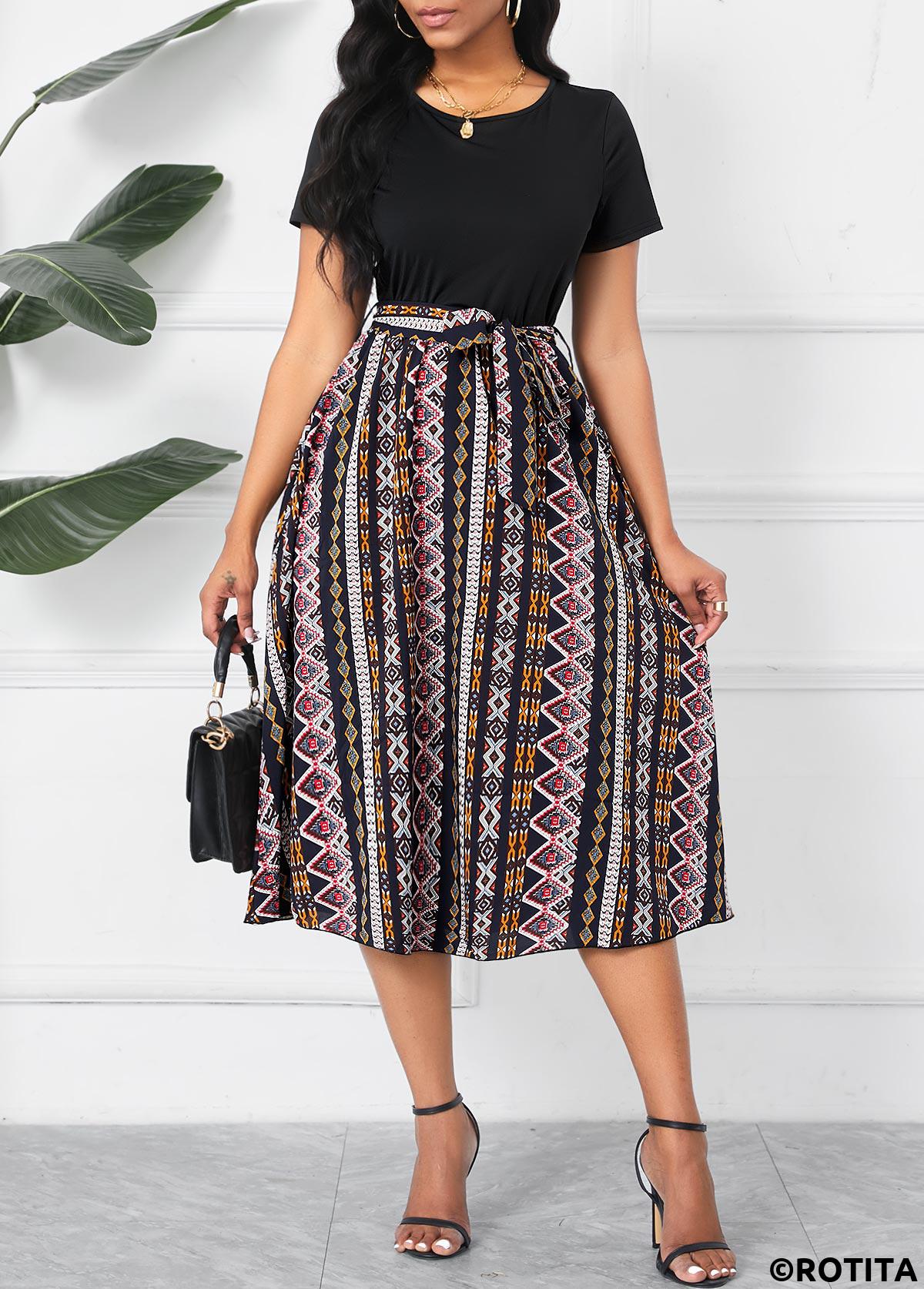 Black dresses,Tribal dresses,Striped dresses,Geometric dresses,Party dresses,Elegant dresses,Patchwork Tribal Print Black Belted Round Neck Dress