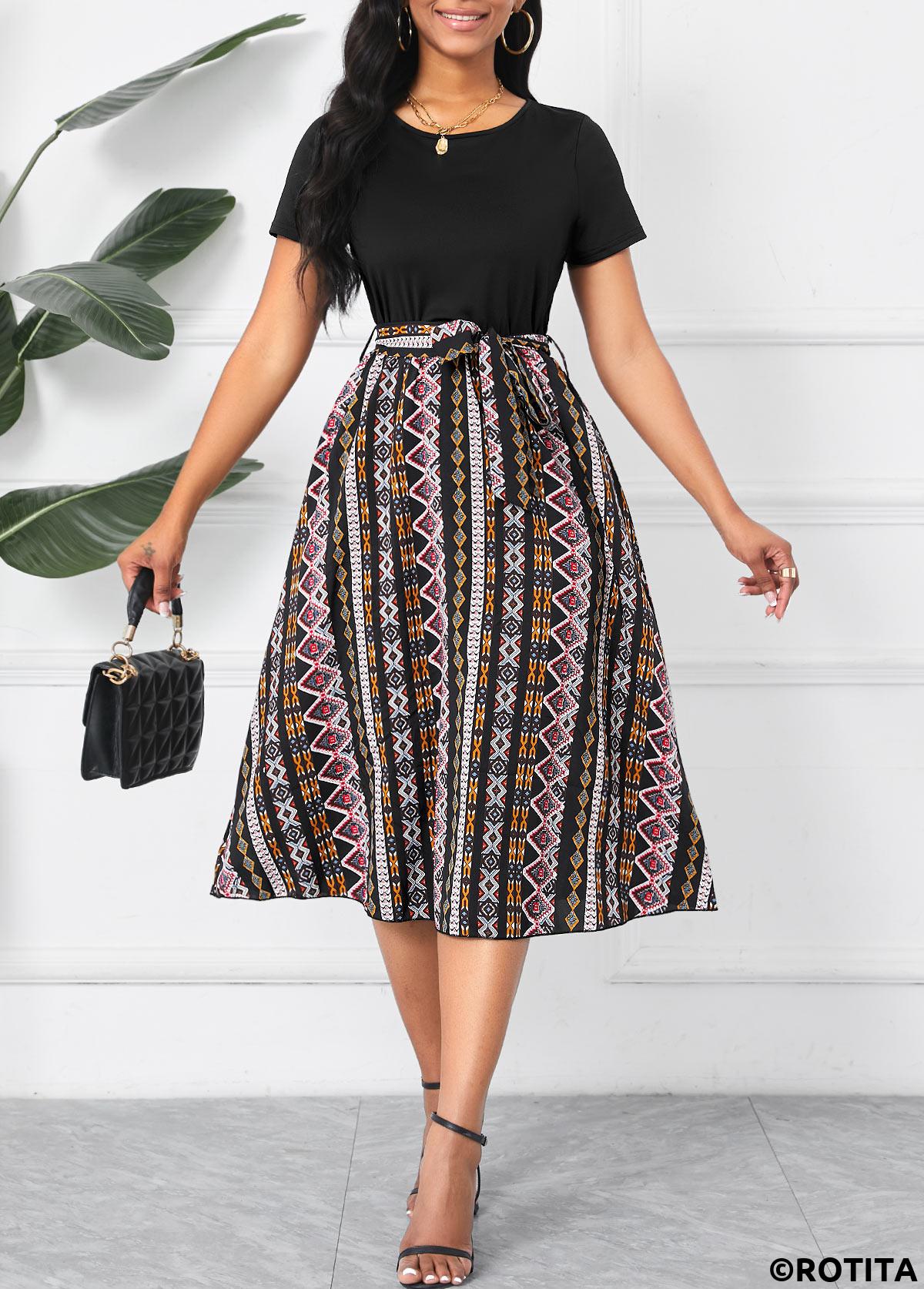 Black dresses,Tribal dresses,Striped dresses,Geometric dresses,Party dresses,Elegant dresses,Patchwork Tribal Print Black Belted Round Neck Dress
