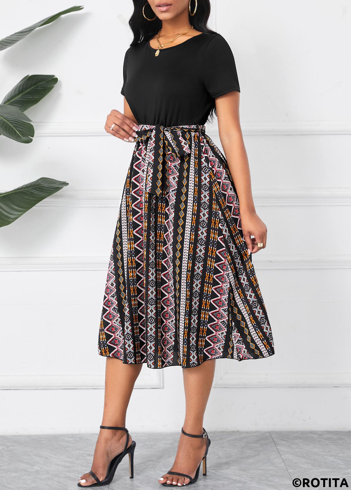 Black dresses,Tribal dresses,Striped dresses,Geometric dresses,Party dresses,Elegant dresses,Patchwork Tribal Print Black Belted Round Neck Dress