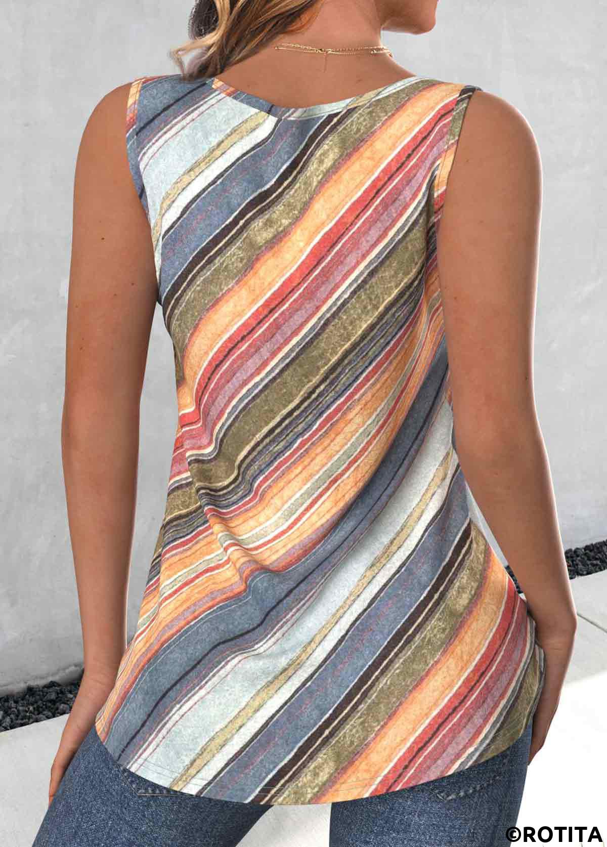 Multi Color tops,Striped tops,Geometric tops,ROTITA Button Striped Multi Color Split Neck Sleeveless Tank Top