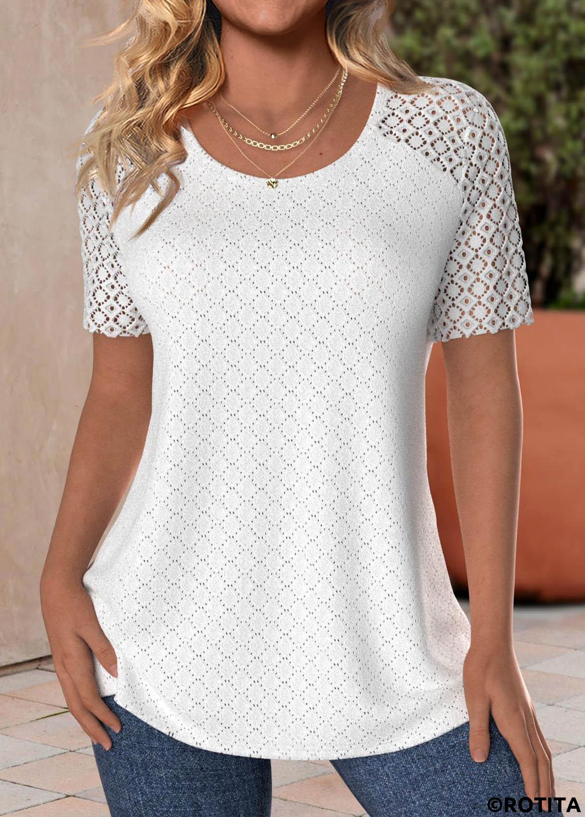 White tops,Plain Color tops,ROTITA Lace White Round Neck Short Sleeve T Shirt