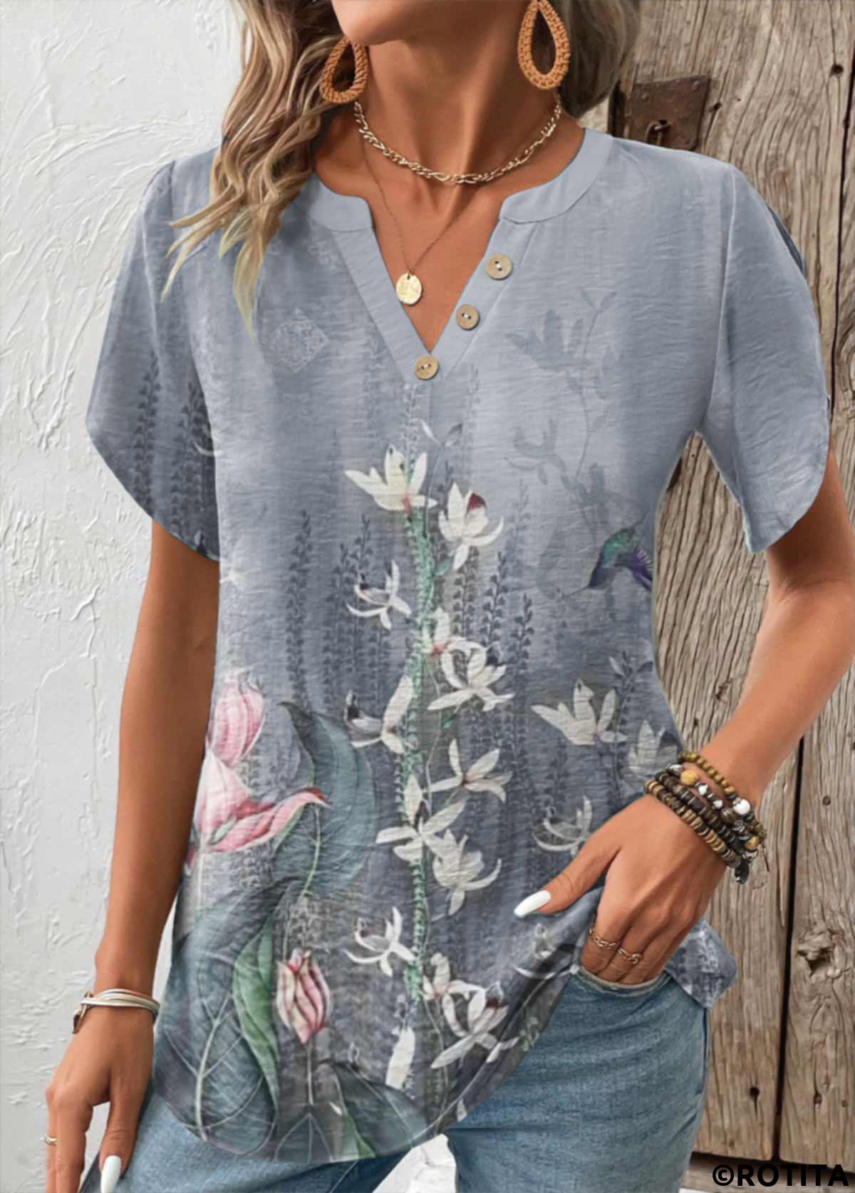 Grey tops,Floral tops,Plants tops,ROTITA Patchwork Floral Print Grey Split Neck T Shirt