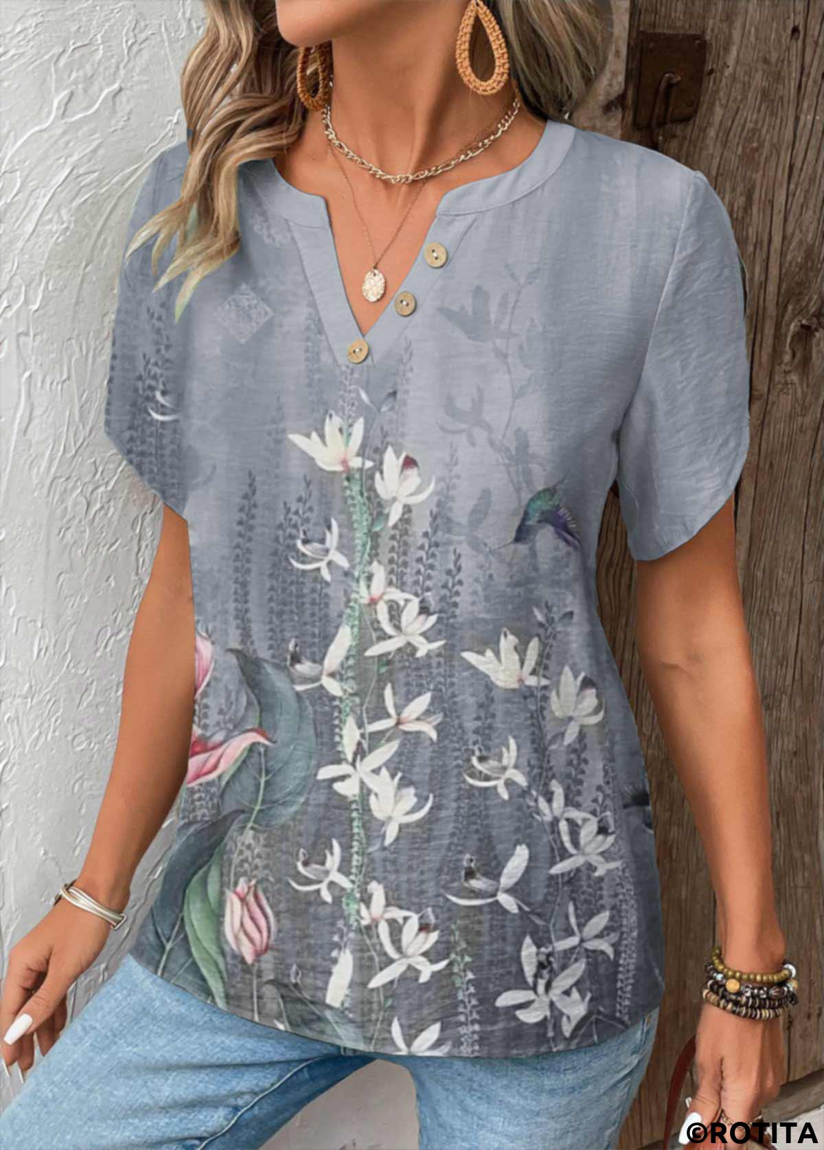 Grey tops,Floral tops,Plants tops,ROTITA Patchwork Floral Print Grey Split Neck T Shirt