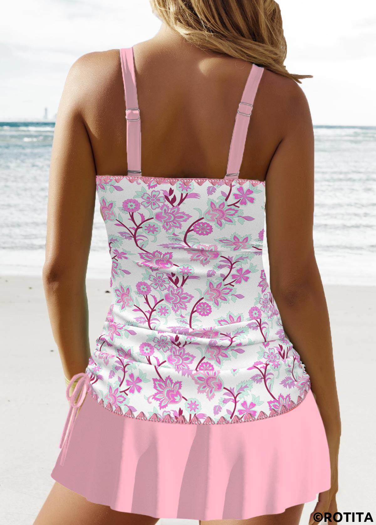Pink swimwear,Floral swimwear,Plants swimwear,Tribal swimwear,ROTITA Circular Ring Pink Floral Print Tankini Set