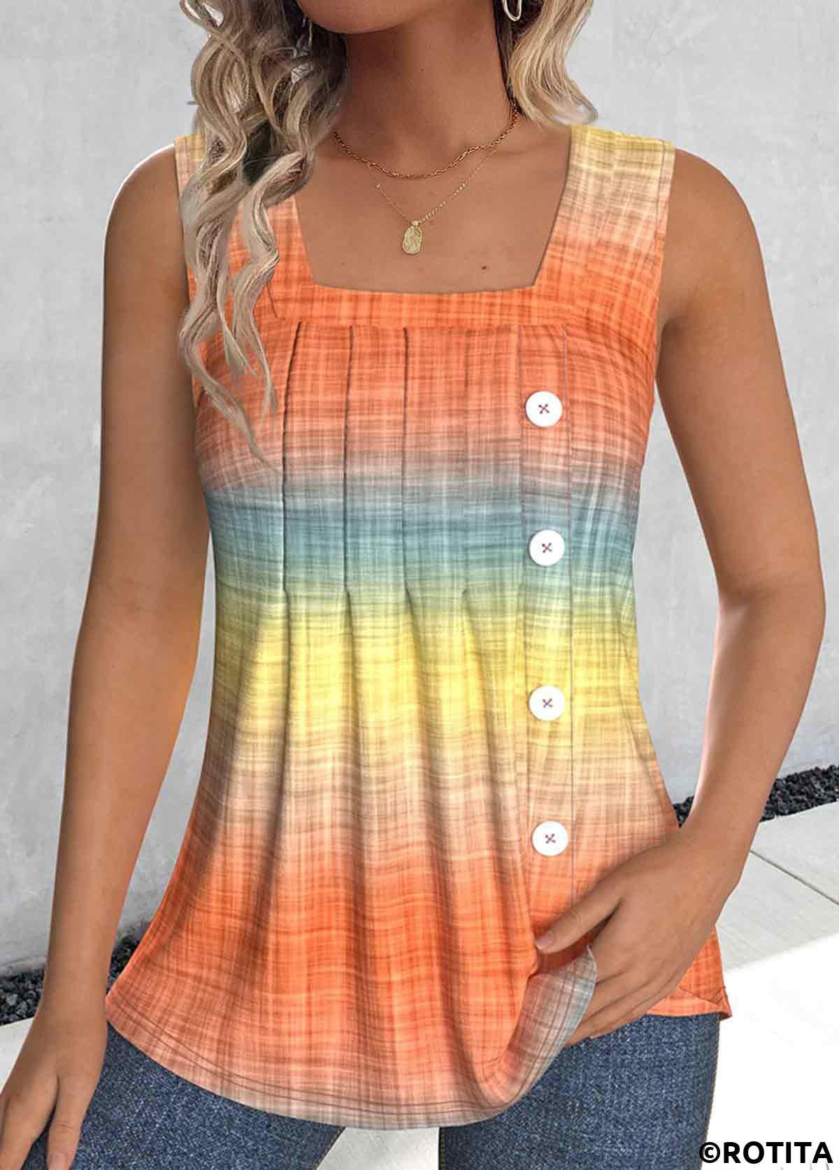 Orange tops,Light Yellow tops,Ombre tops,ROTITA Button Ombre Orange Square Neck Sleeveless Tank Top