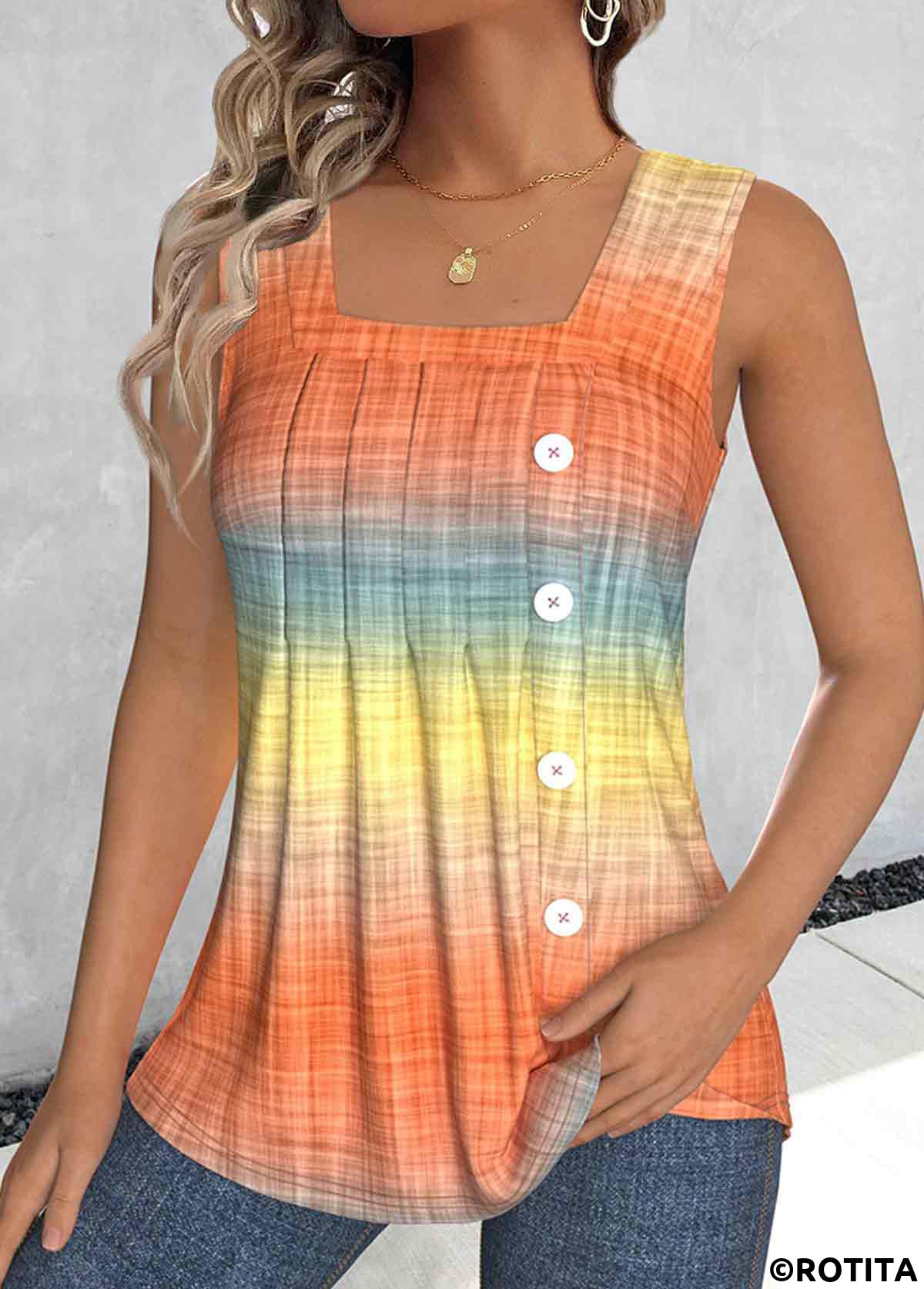 Orange tops,Light Yellow tops,Ombre tops,ROTITA Button Ombre Orange Square Neck Sleeveless Tank Top