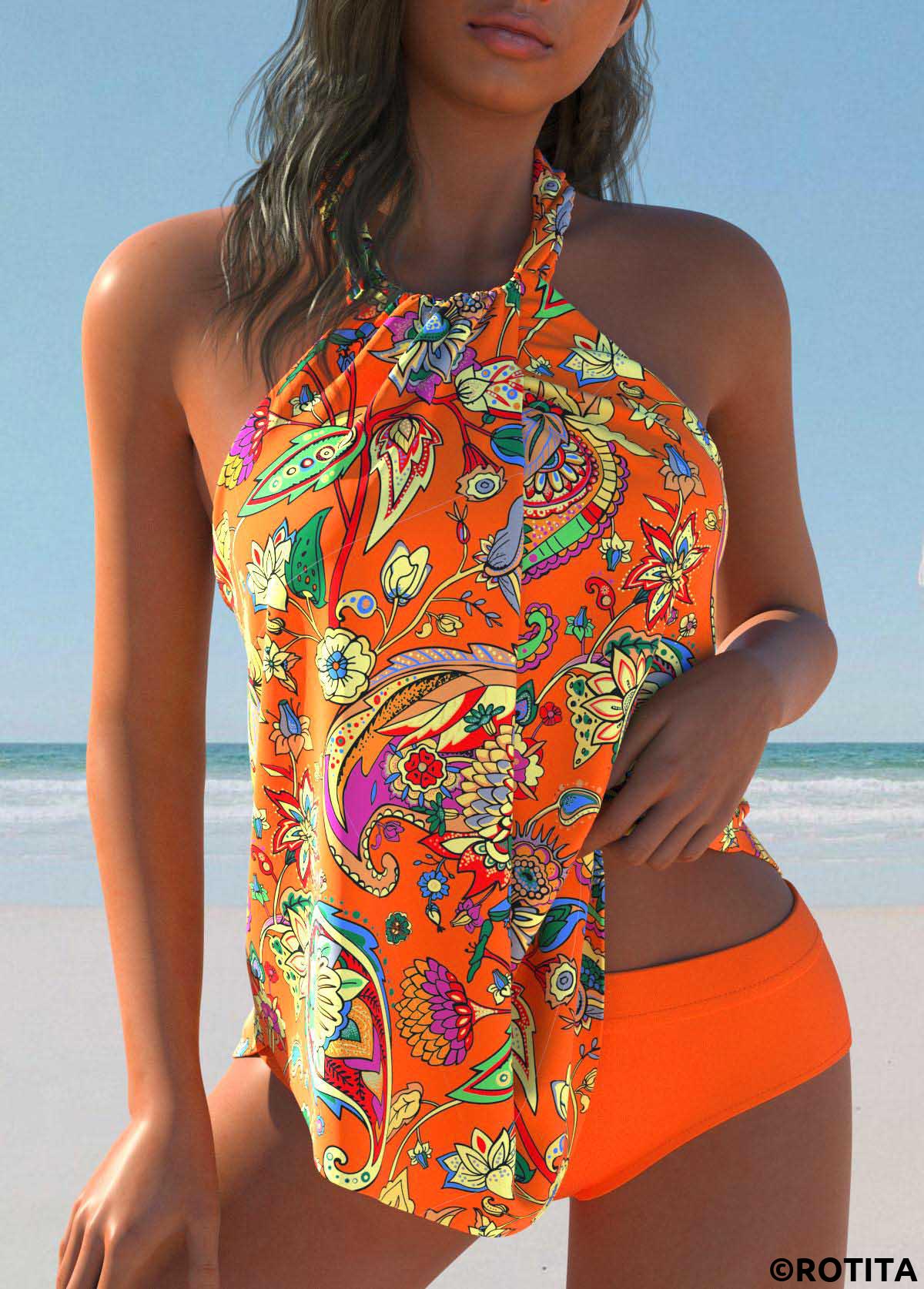 Orange swimwear,Floral swimwear,Plants swimwear,Paisley swimwear,ROTITA Twist Orange Floral Print Tankini Set