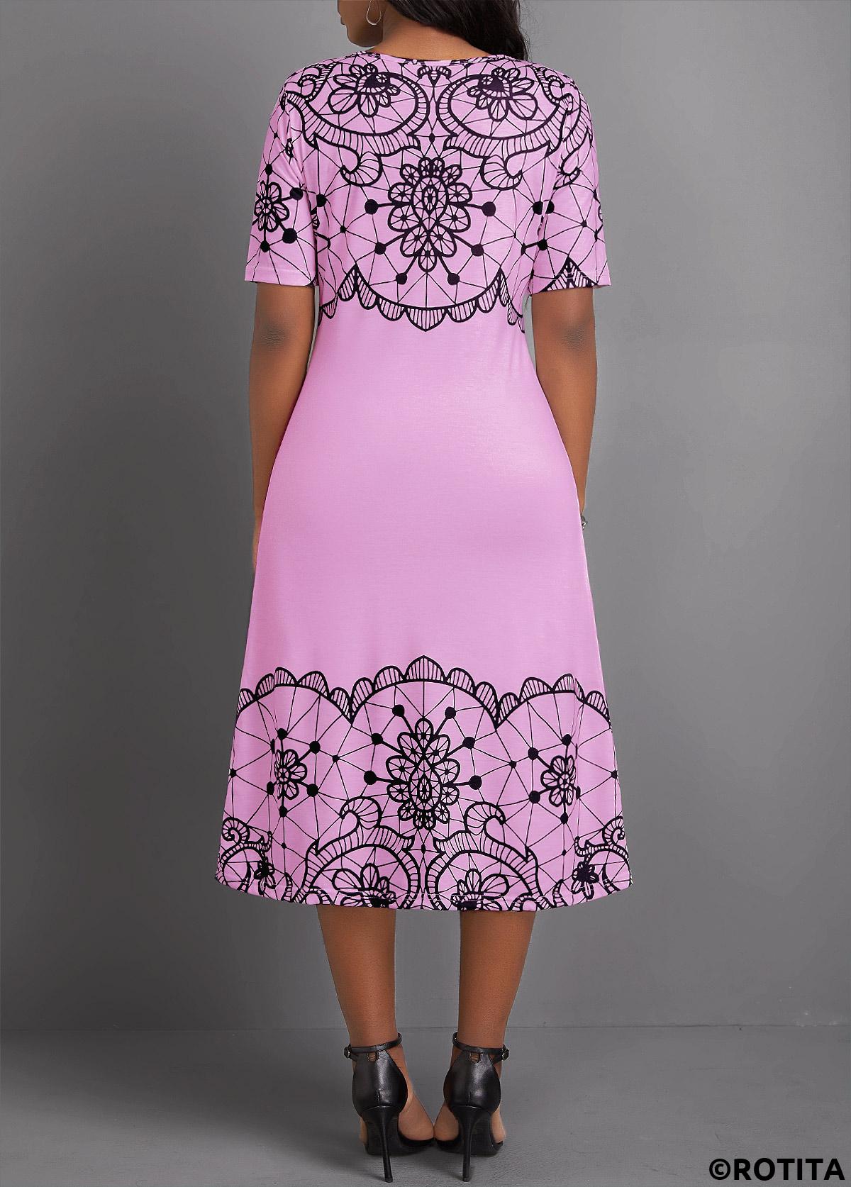 Neon Pink dresses,Geometric dresses,Party dresses,Elegant dresses,ROTITA Geometric Print Neon Pink Round Neck Short Sleeve Dress