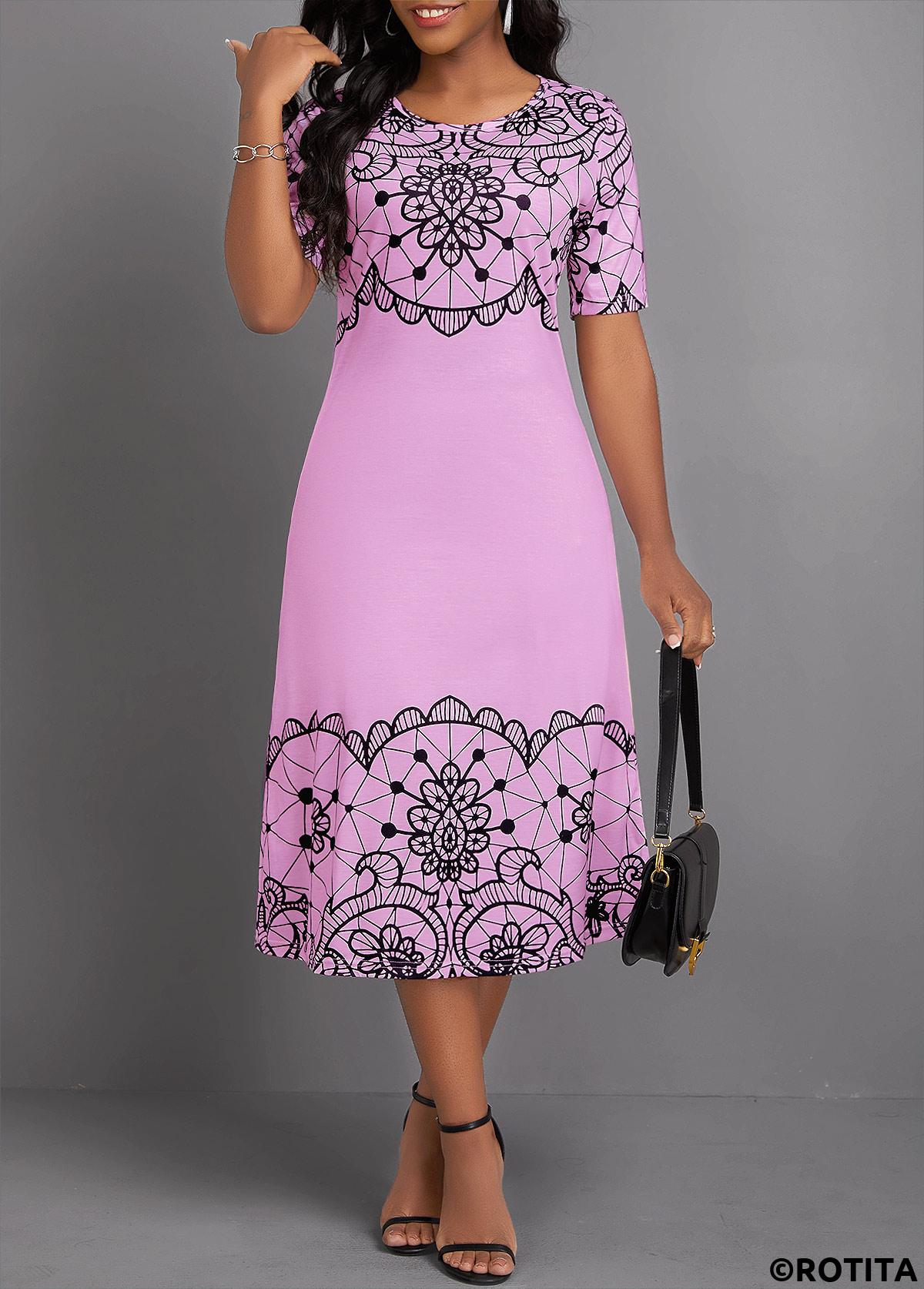 Neon Pink dresses,Geometric dresses,Party dresses,Elegant dresses,ROTITA Geometric Print Neon Pink Round Neck Short Sleeve Dress