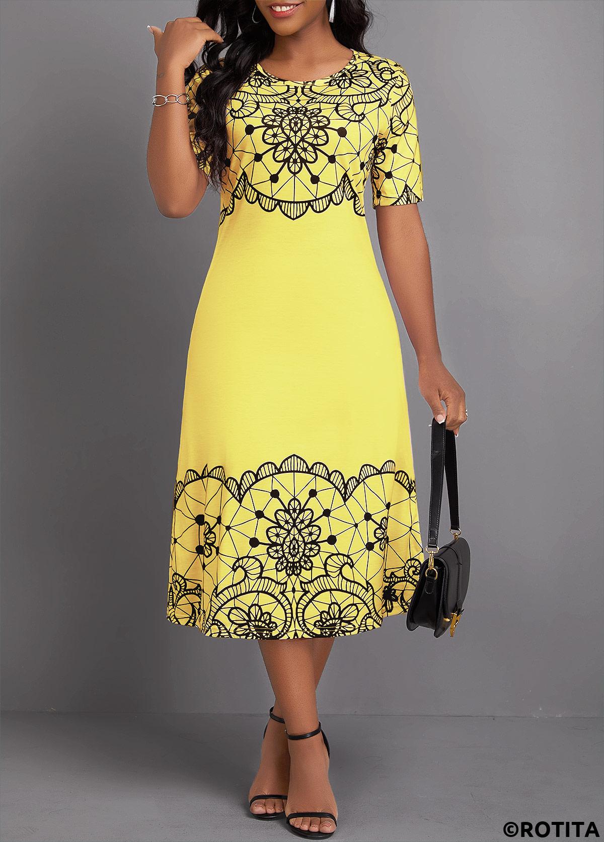 Light Yellow dresses,Geometric dresses,Party dresses,Elegant dresses,ROTITA Geometric Print Light Yellow Round Neck Short Sleeve Dress