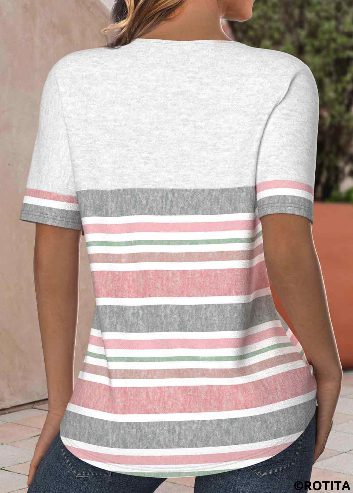 Light Pink tops,White tops,Striped tops,Geometric tops,ROTITA Tuck Stitch Striped Light Pink Round Neck T Shirt