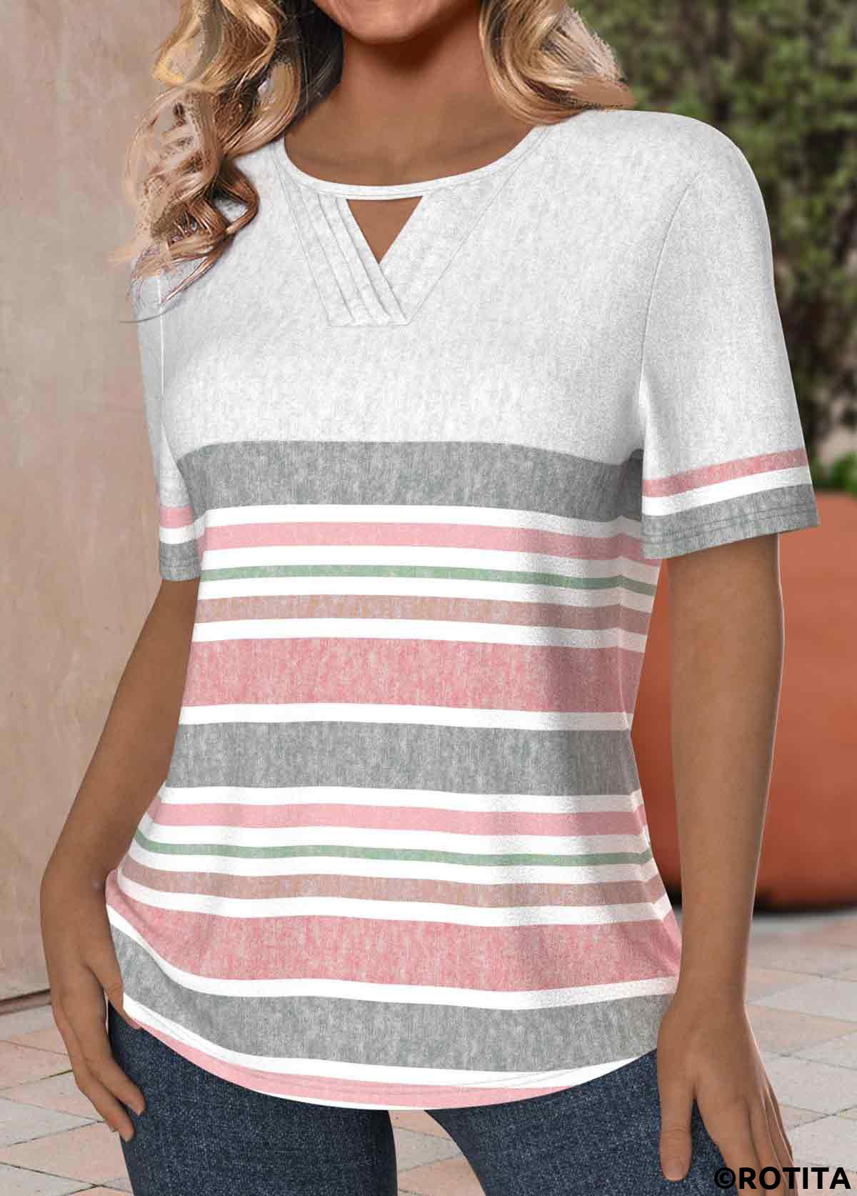 Light Pink tops,White tops,Striped tops,Geometric tops,ROTITA Tuck Stitch Striped Light Pink Round Neck T Shirt