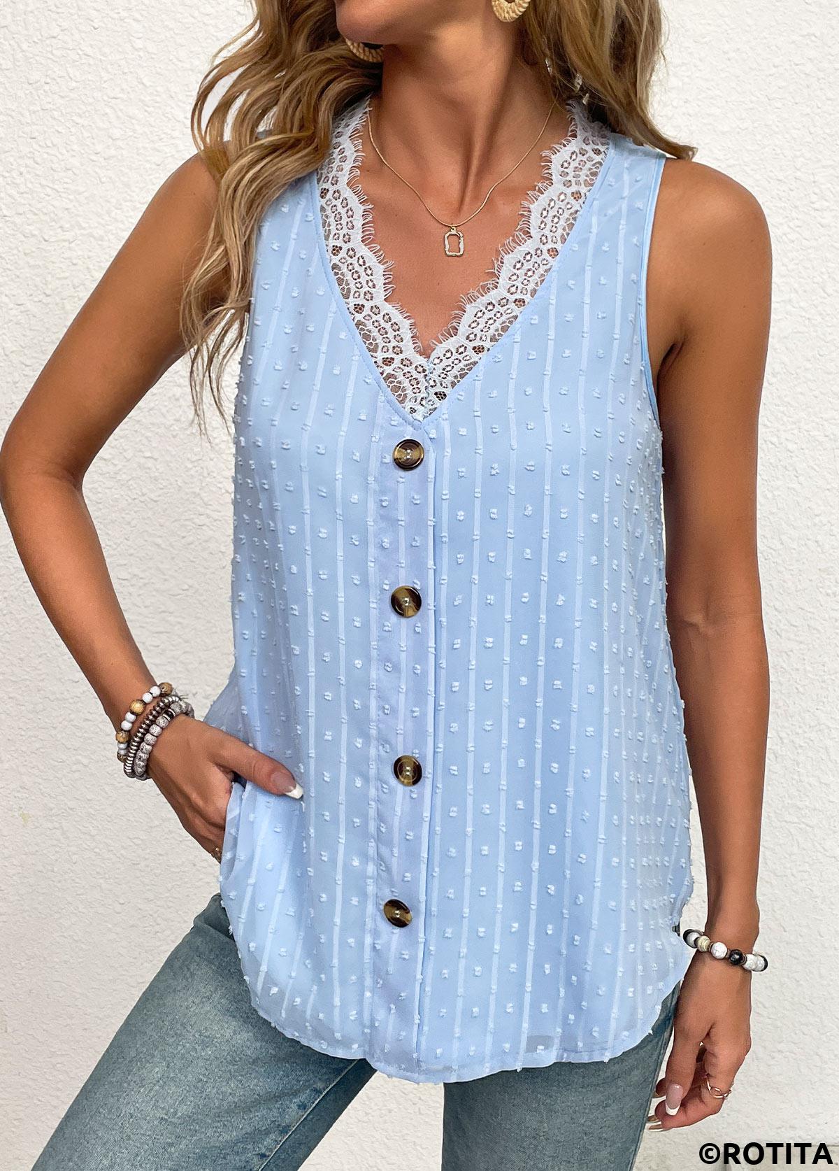 Button Light Blue V Neck Sleeveless Tank Top