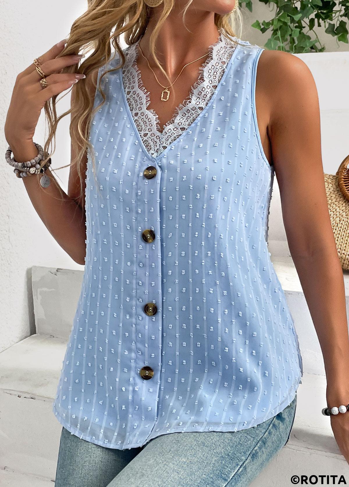 Button Light Blue V Neck Sleeveless Tank Top